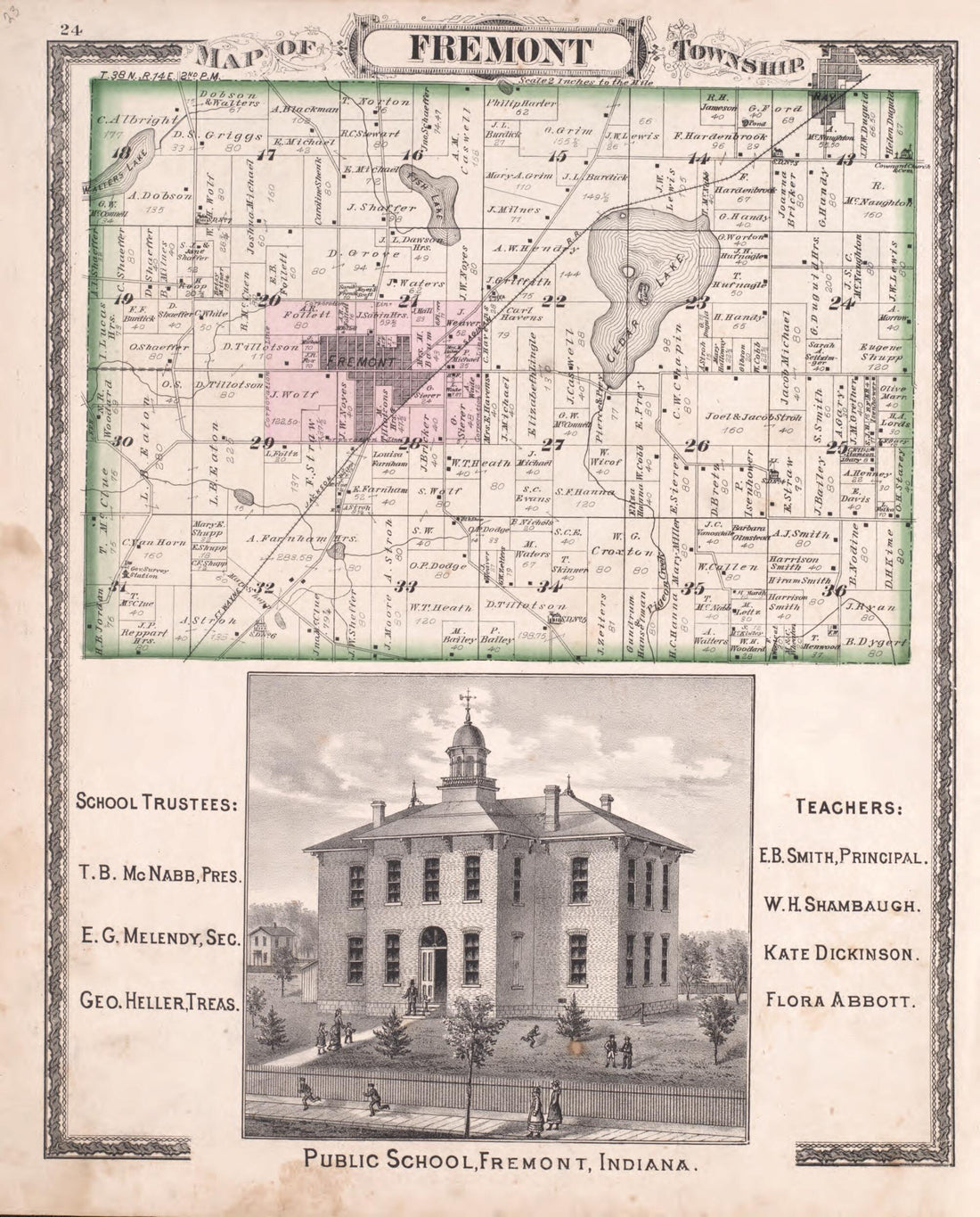 This old map of Fremont Township from Illustrated Historical Atlas of Steuben County, Indiana from 1880 was created by  J.H. Beers &amp; Co in 1880