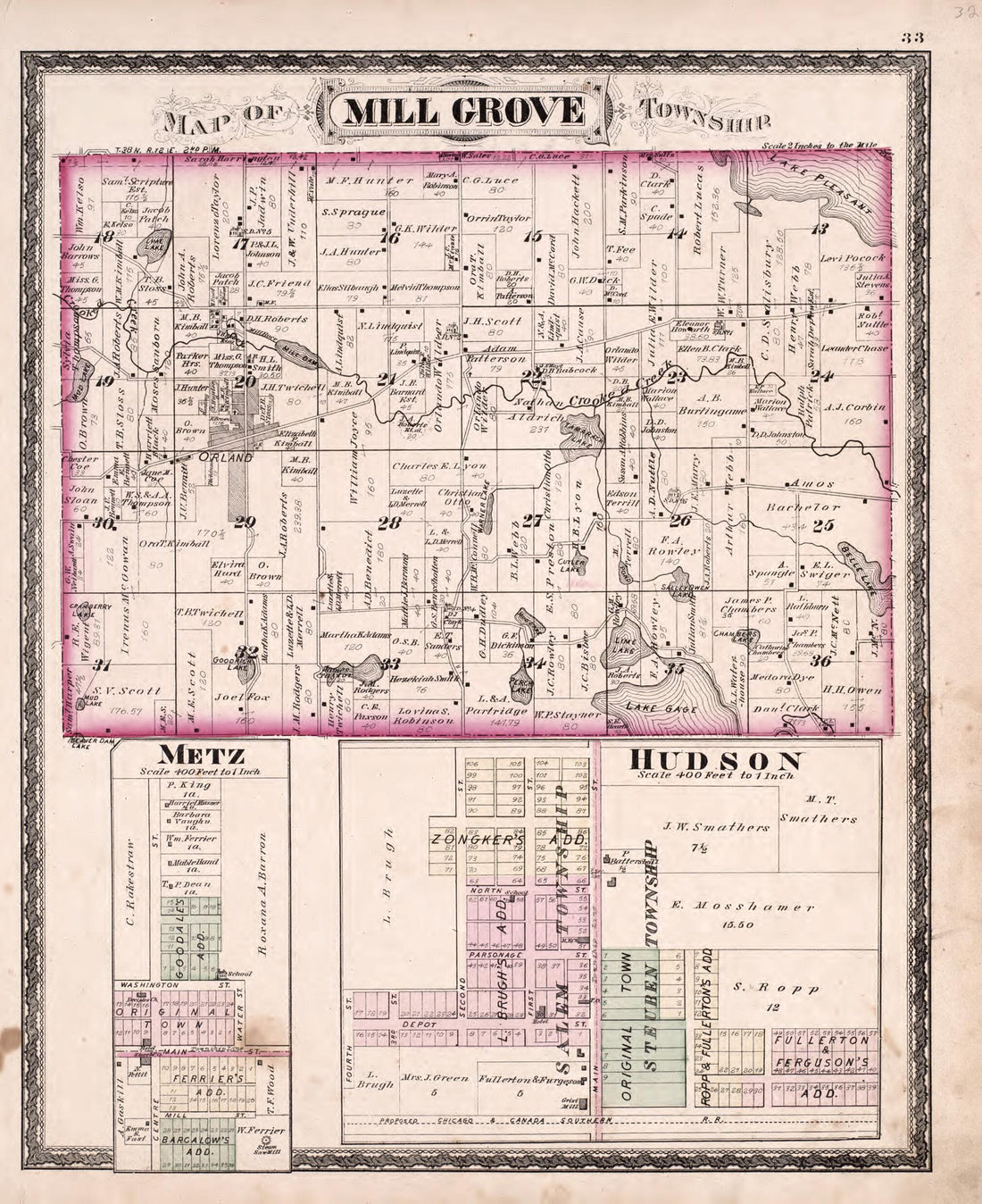 This old map of Mill Grove Township from Illustrated Historical Atlas of Steuben County, Indiana from 1880 was created by  J.H. Beers &amp; Co in 1880