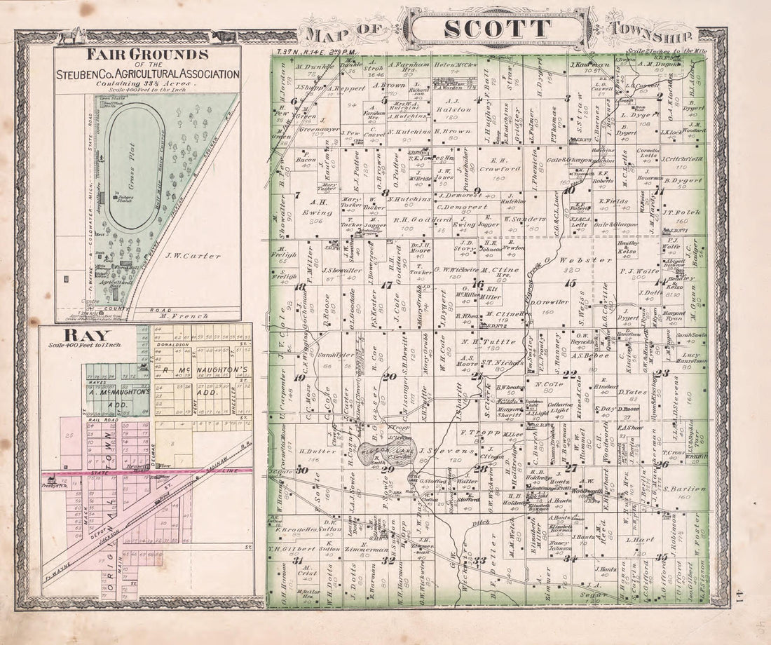 This old map of Scott Township from Illustrated Historical Atlas of Steuben County, Indiana from 1880 was created by  J.H. Beers &amp; Co in 1880