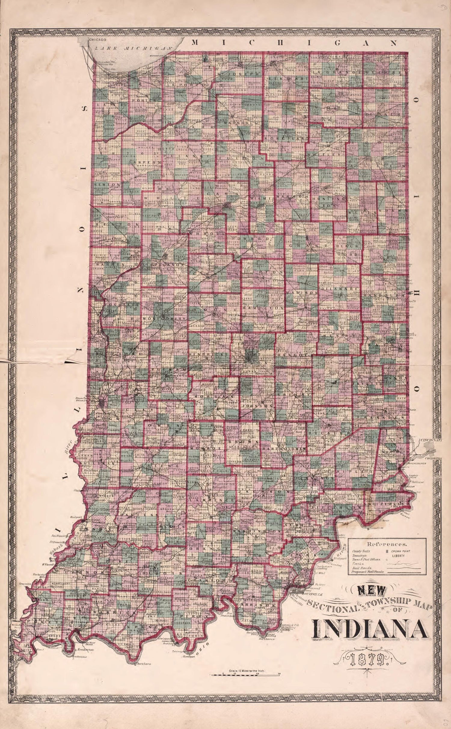 This old map of New Sectional Township Map of Indiana 1879 from Illustrated Historical Atlas of Steuben County, Indiana from 1880 was created by  J.H. Beers &amp; Co in 1880