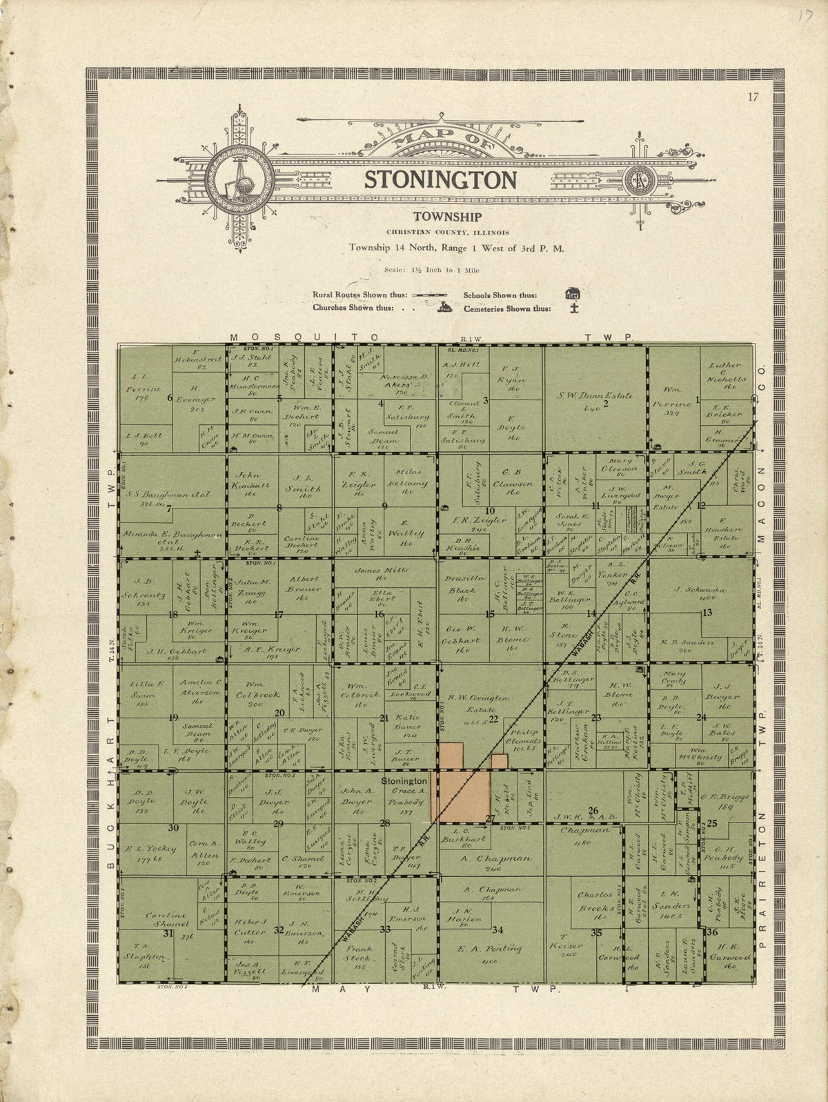 Map of Stonington Township from Plat Book and Complete Survey of Christian County, Illinois 1924 by Relic Map Company