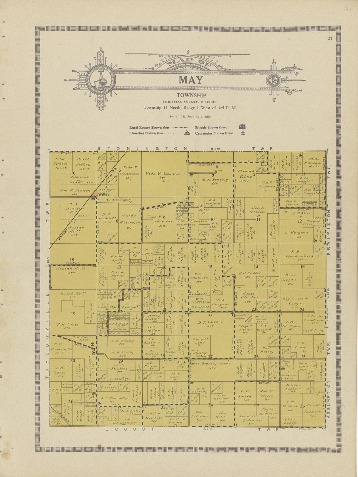 Map of May Township from Plat Book and Complete Survey of Christian County, Illinois 1924 by Relic Map Company