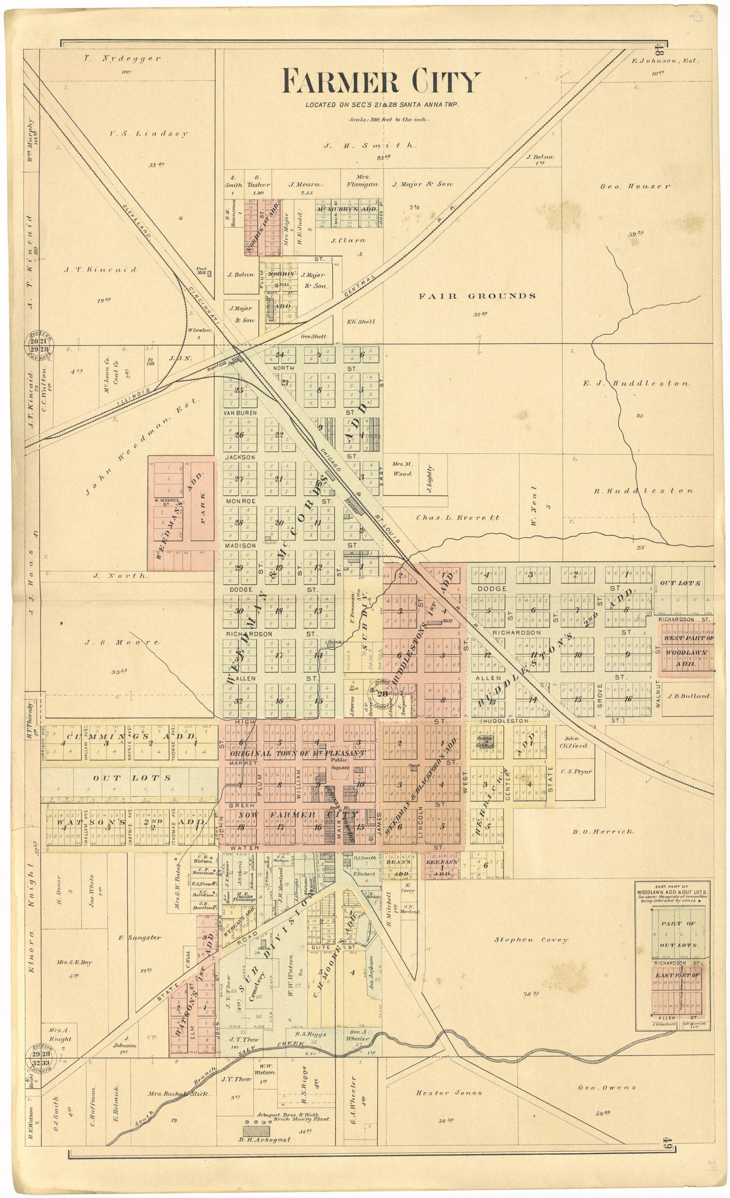 This old map of Farmer City from Plat Book of De Witt County, Illinois from 1894 was created by  Geo. A. Ogle &amp; Co in 1894