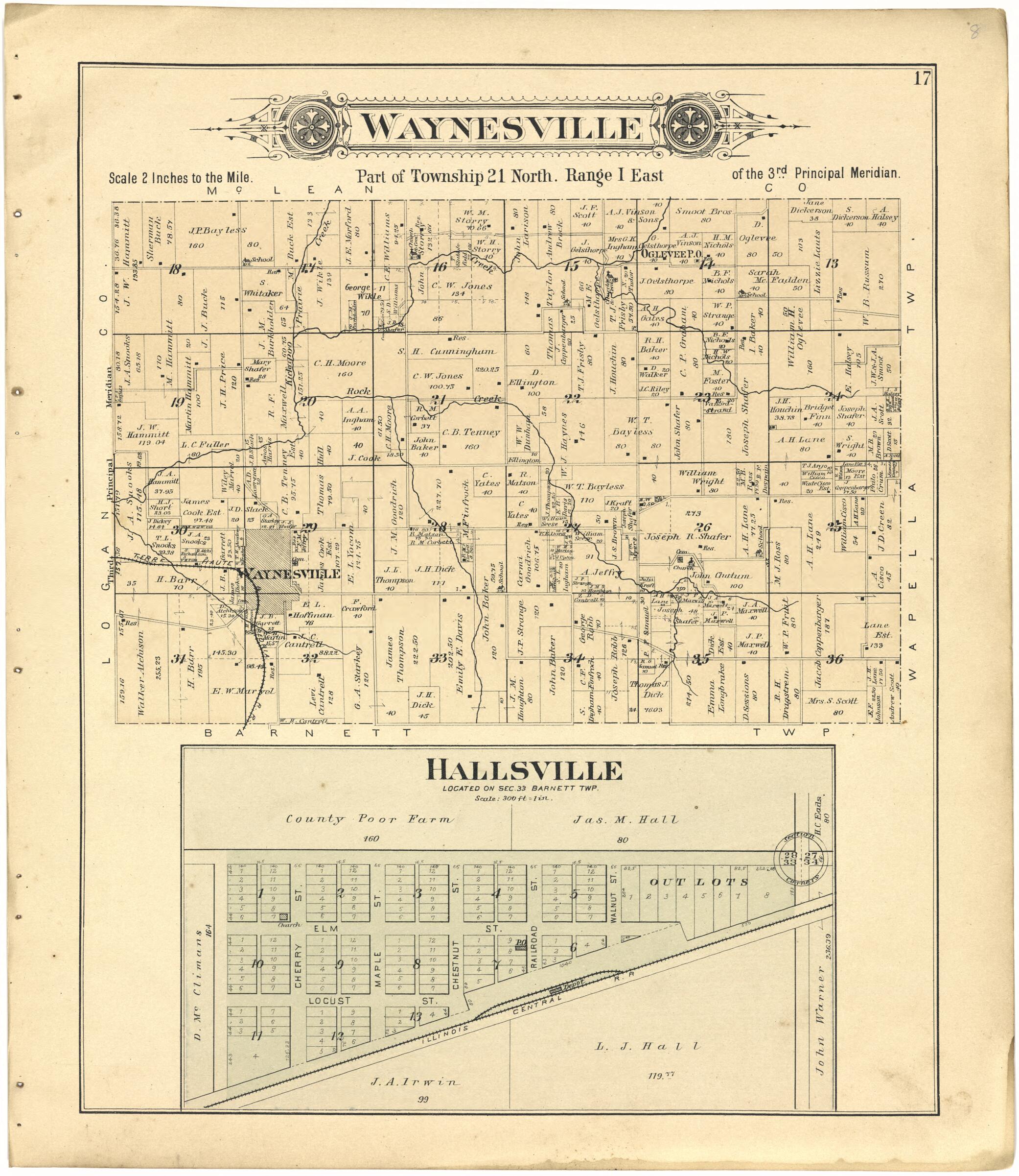 This old map of Waynesville; Hallsville from Plat Book of De Witt County, Illinois from 1894 was created by  Geo. A. Ogle &amp; Co in 1894