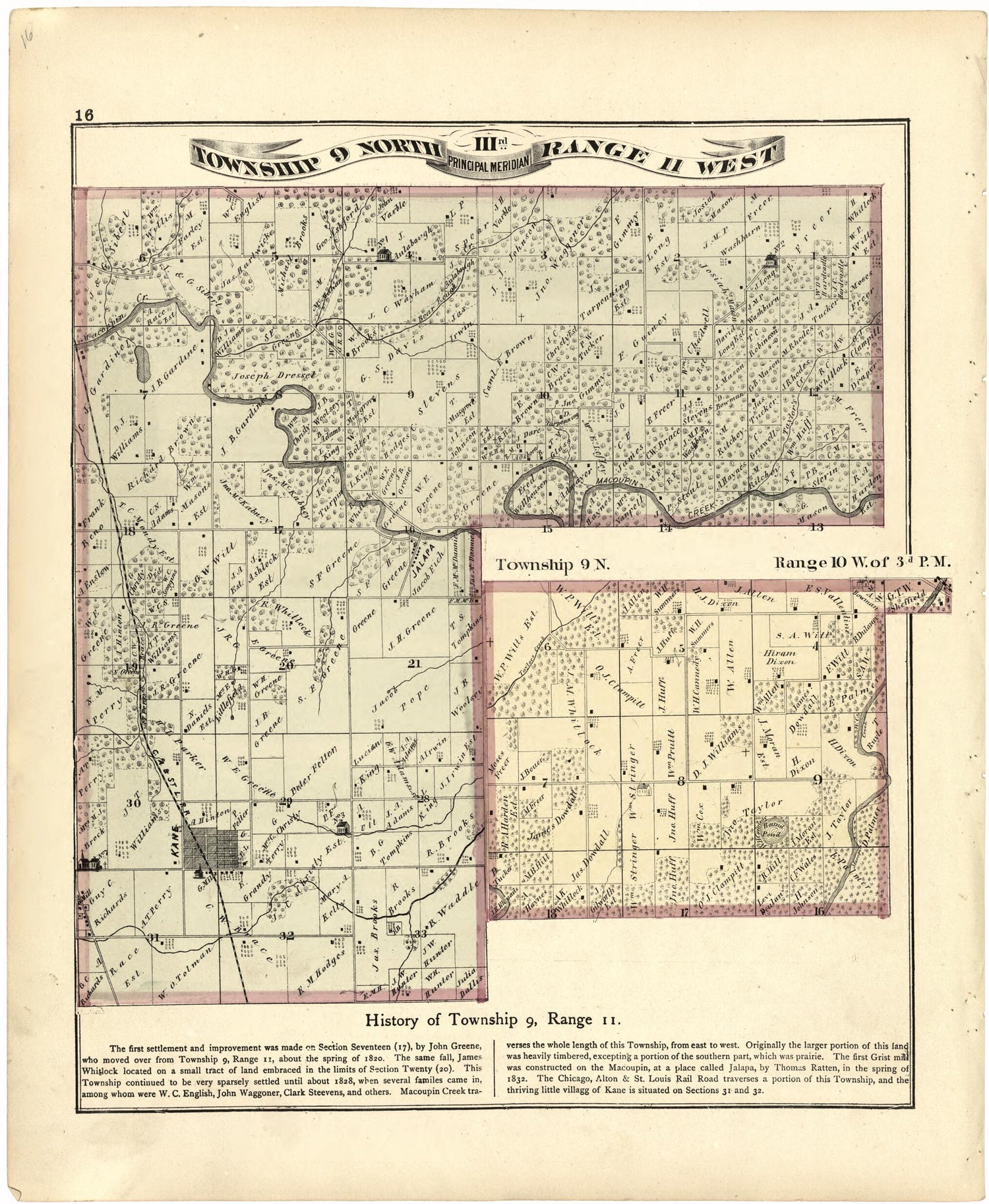 This old map of Township 9 North IIIrd Range 11 West from Atlas Map of Greene County, Illinois from 1873 was created by Lyter &amp; Co Andreas in 1873