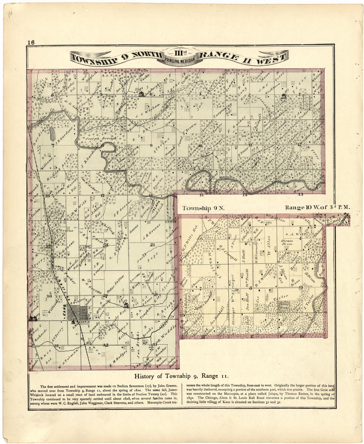 Township 9 North IIIrd Range 11 West from Atlas Map of Greene County, Illinois 1873 by Relic Map Company