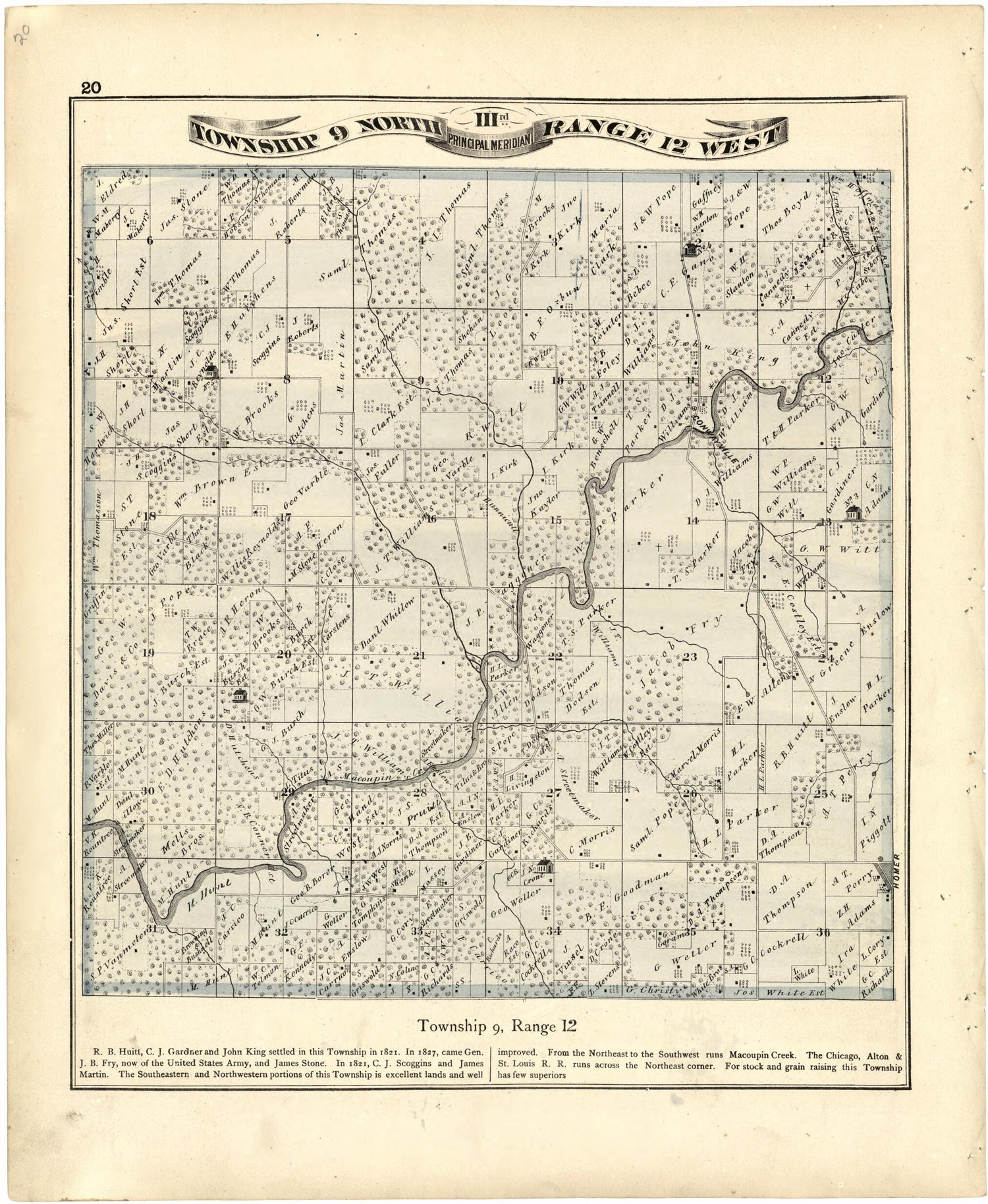 This old map of Township 9 North IIIrd Range 12 West from Atlas Map of Greene County, Illinois from 1873 was created by Lyter &amp; Co Andreas in 1873