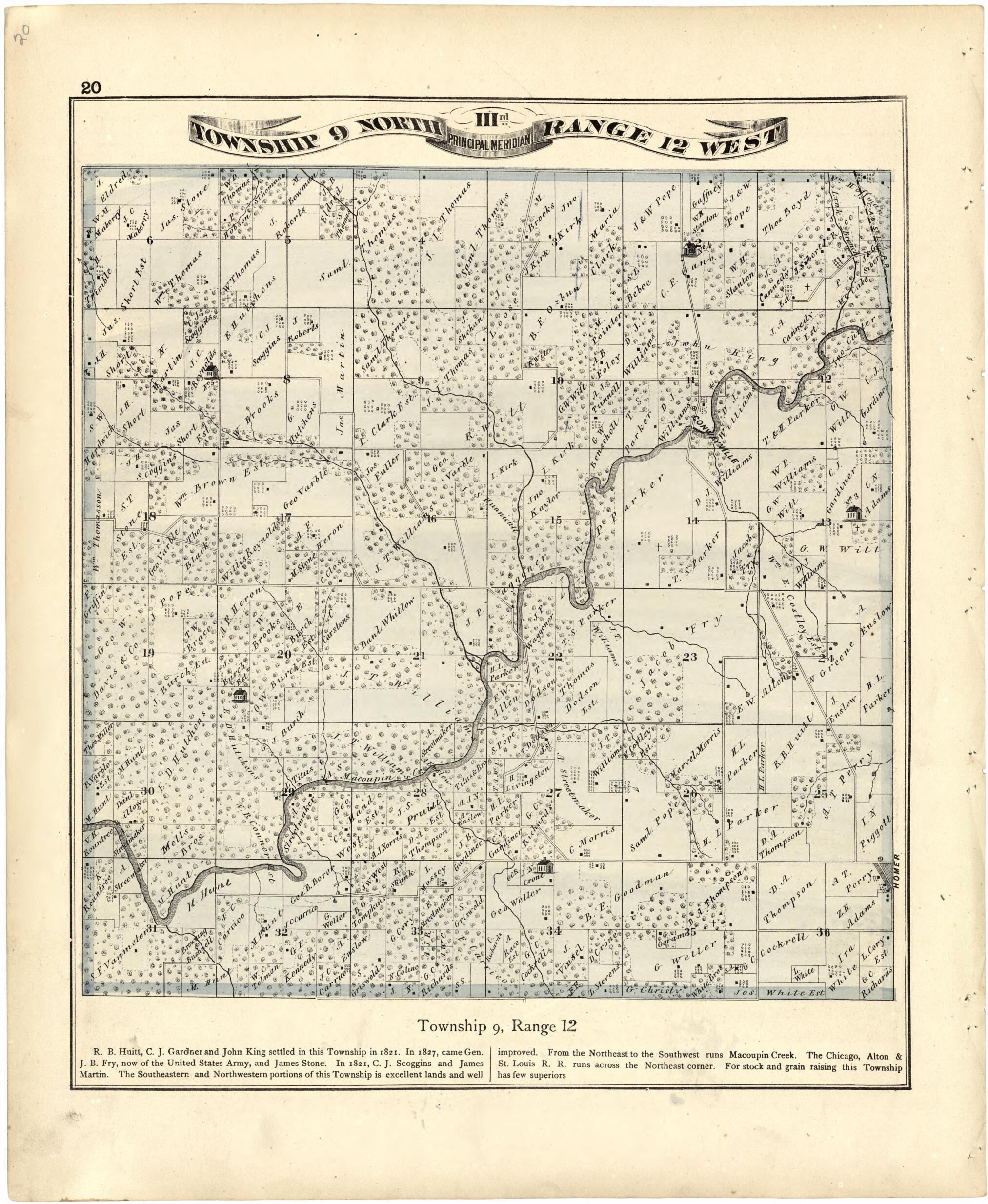 This old map of Township 9 North IIIrd Range 12 West from Atlas Map of Greene County, Illinois from 1873 was created by Lyter &amp; Co Andreas in 1873