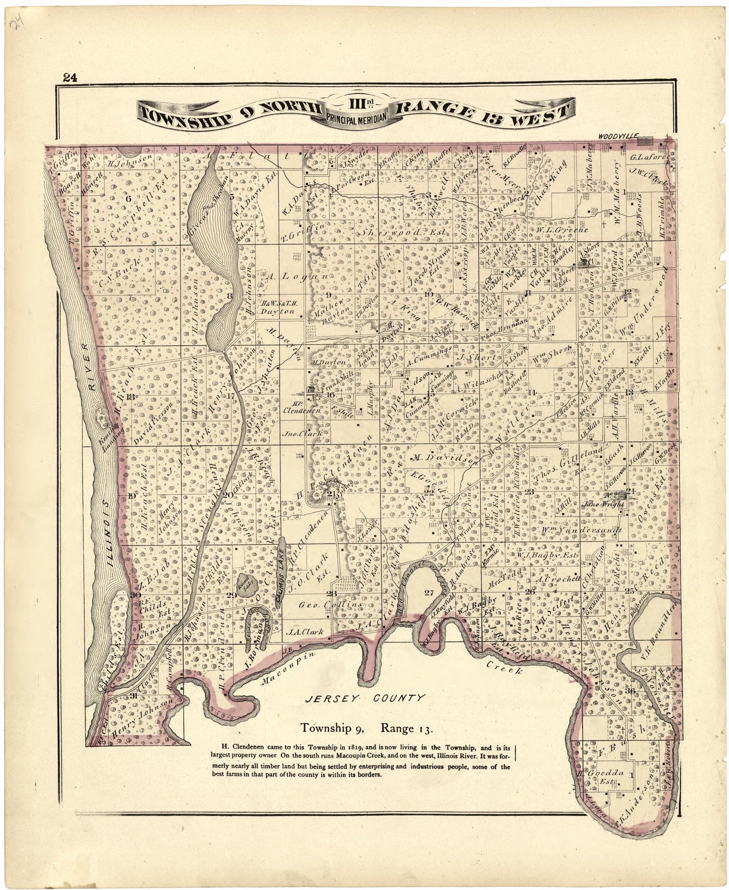 This old map of Township 9 North IIIrd Range 13 West from Atlas Map of Greene County, Illinois from 1873 was created by Lyter &amp; Co Andreas in 1873
