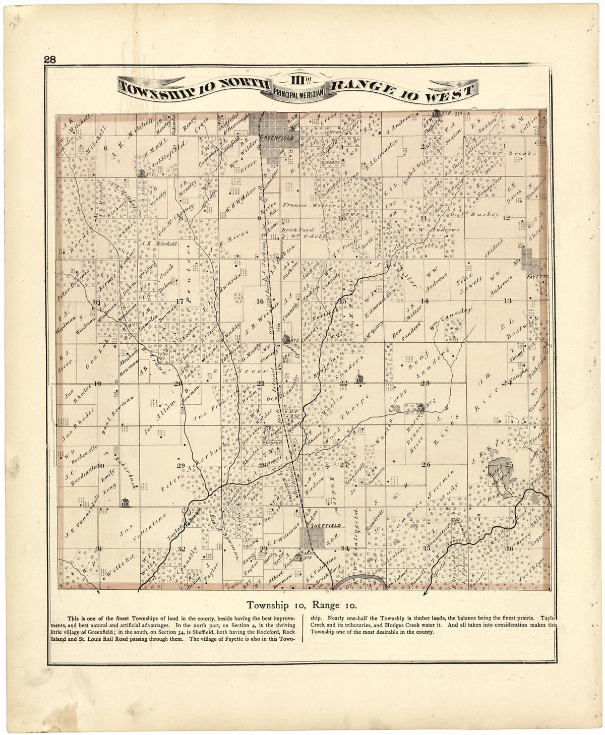 Township 10 North IIIrd Range 10 West from Atlas Map of Greene County, Illinois 1873 by Relic Map Company
