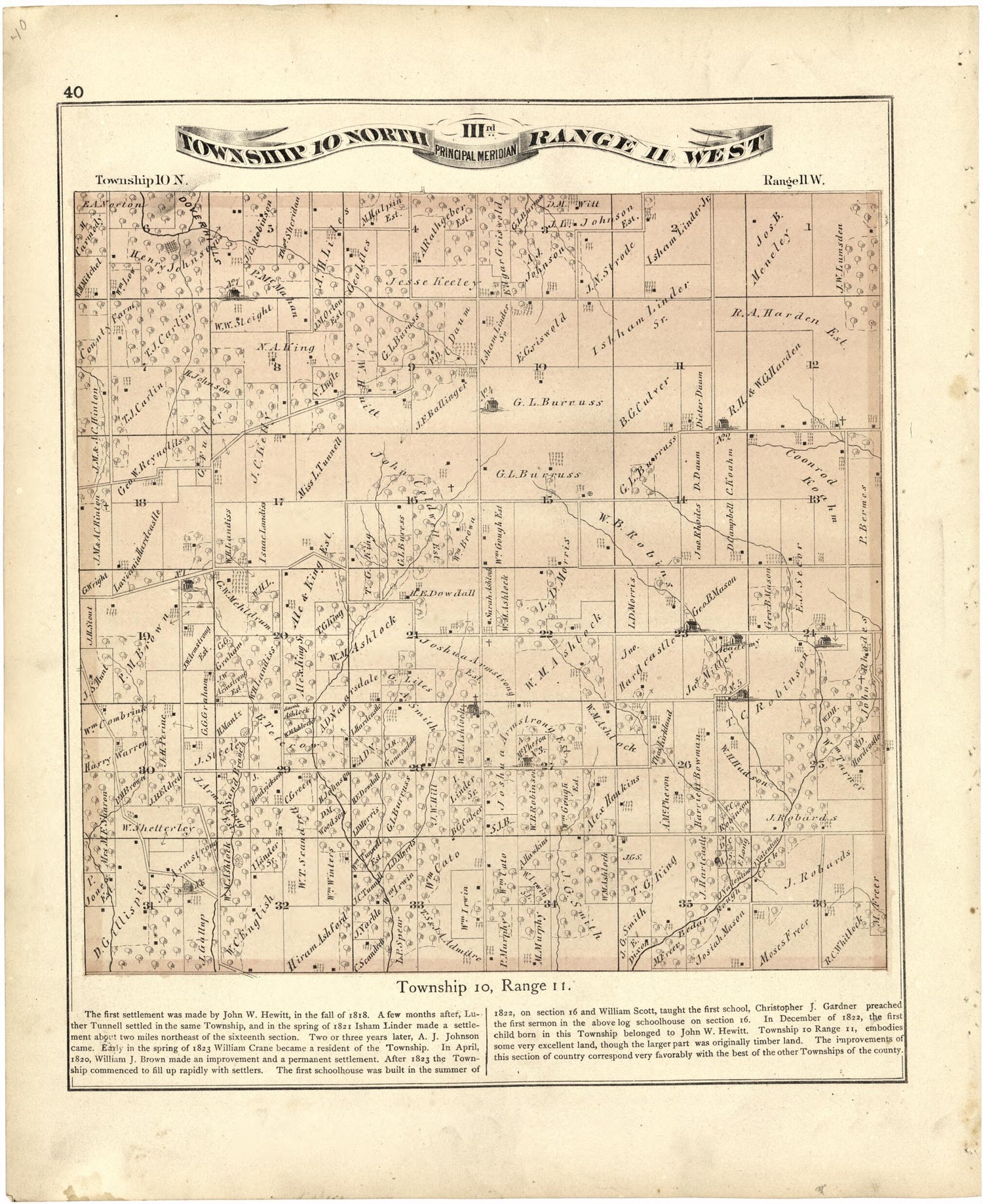 This old map of Township 10 North Range 11 West from Atlas Map of Greene County, Illinois from 1873 was created by Lyter &amp; Co Andreas in 1873