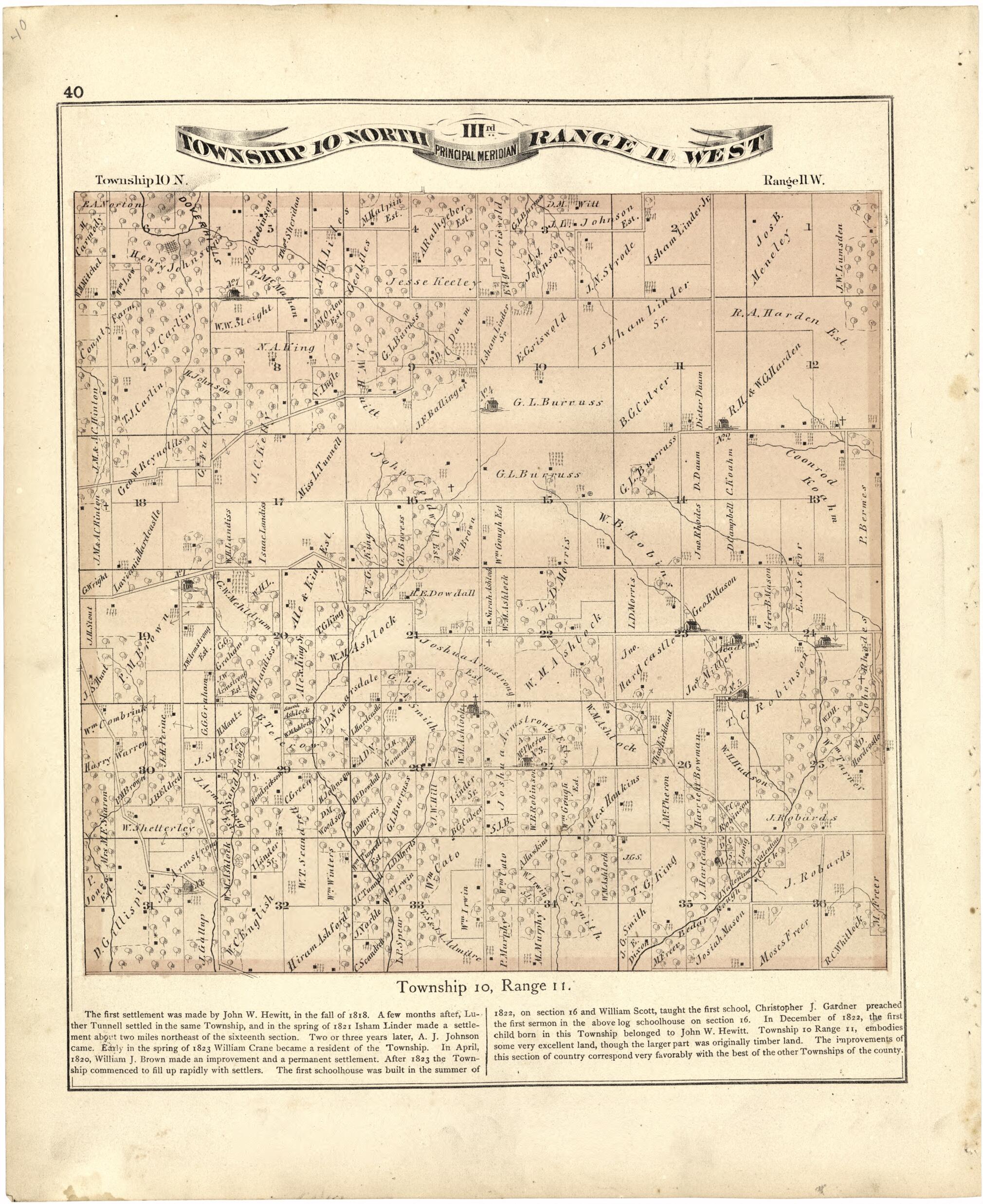 This old map of Township 10 North Range 11 West from Atlas Map of Greene County, Illinois from 1873 was created by Lyter &amp; Co Andreas in 1873