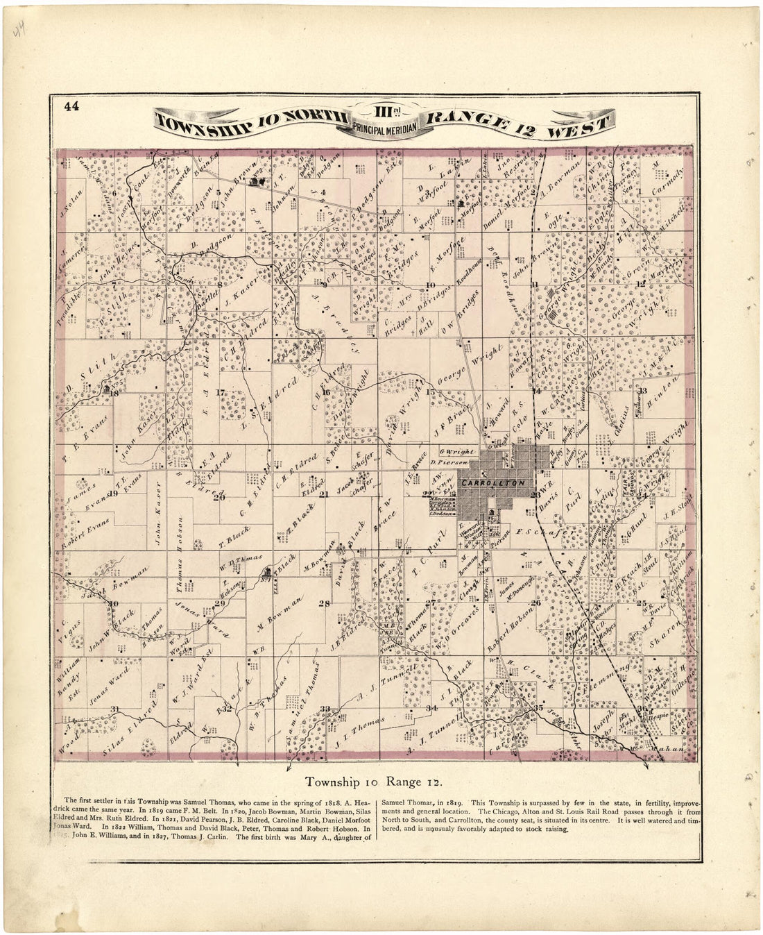 This old map of Township 10 North Range 12 West from Atlas Map of Greene County, Illinois from 1873 was created by Lyter &amp; Co Andreas in 1873