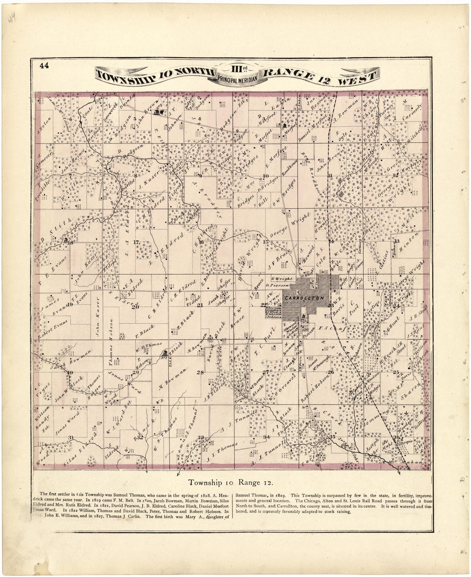This old map of Township 10 North Range 12 West from Atlas Map of Greene County, Illinois from 1873 was created by Lyter &amp; Co Andreas in 1873