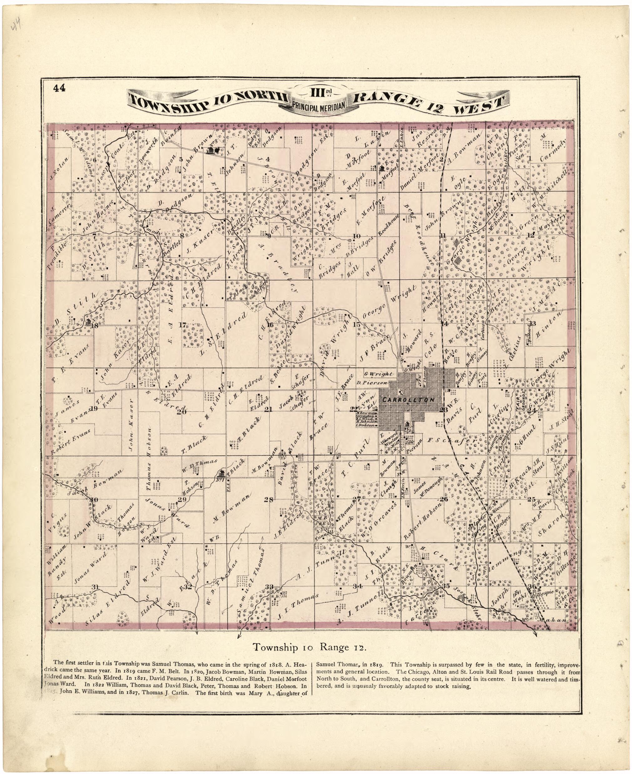 This old map of Township 10 North Range 12 West from Atlas Map of Greene County, Illinois from 1873 was created by Lyter &amp; Co Andreas in 1873