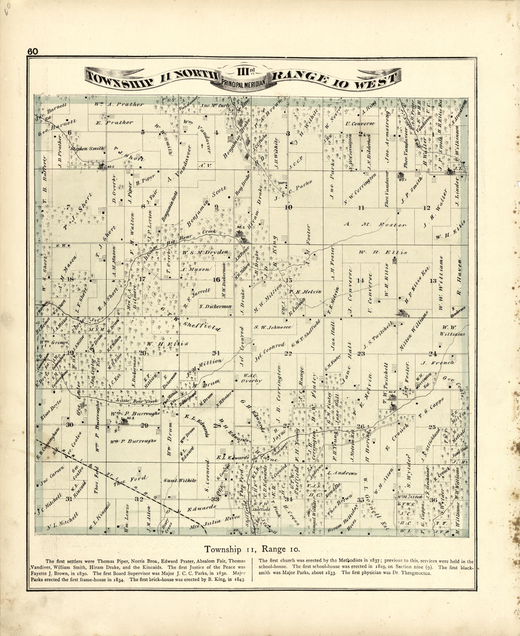 This old map of Township 11 North Range 10 W from Atlas Map of Greene County, Illinois from 1873 was created by Lyter &amp; Co Andreas in 1873