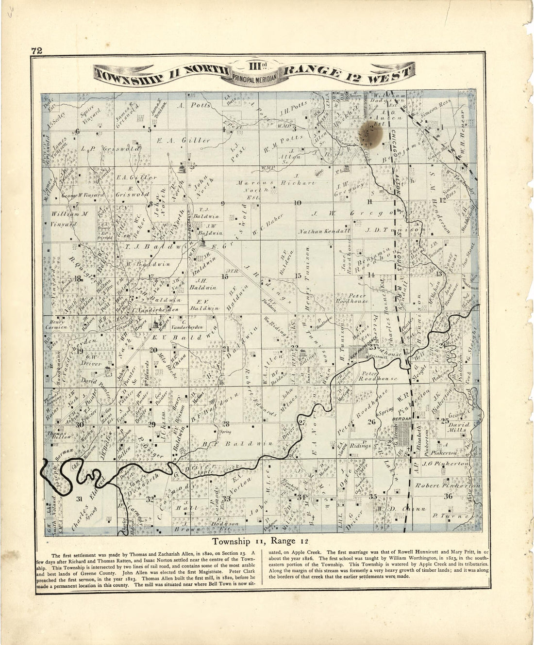 This old map of Township 11 North Range 12 W from Atlas Map of Greene County, Illinois from 1873 was created by Lyter &amp; Co Andreas in 1873