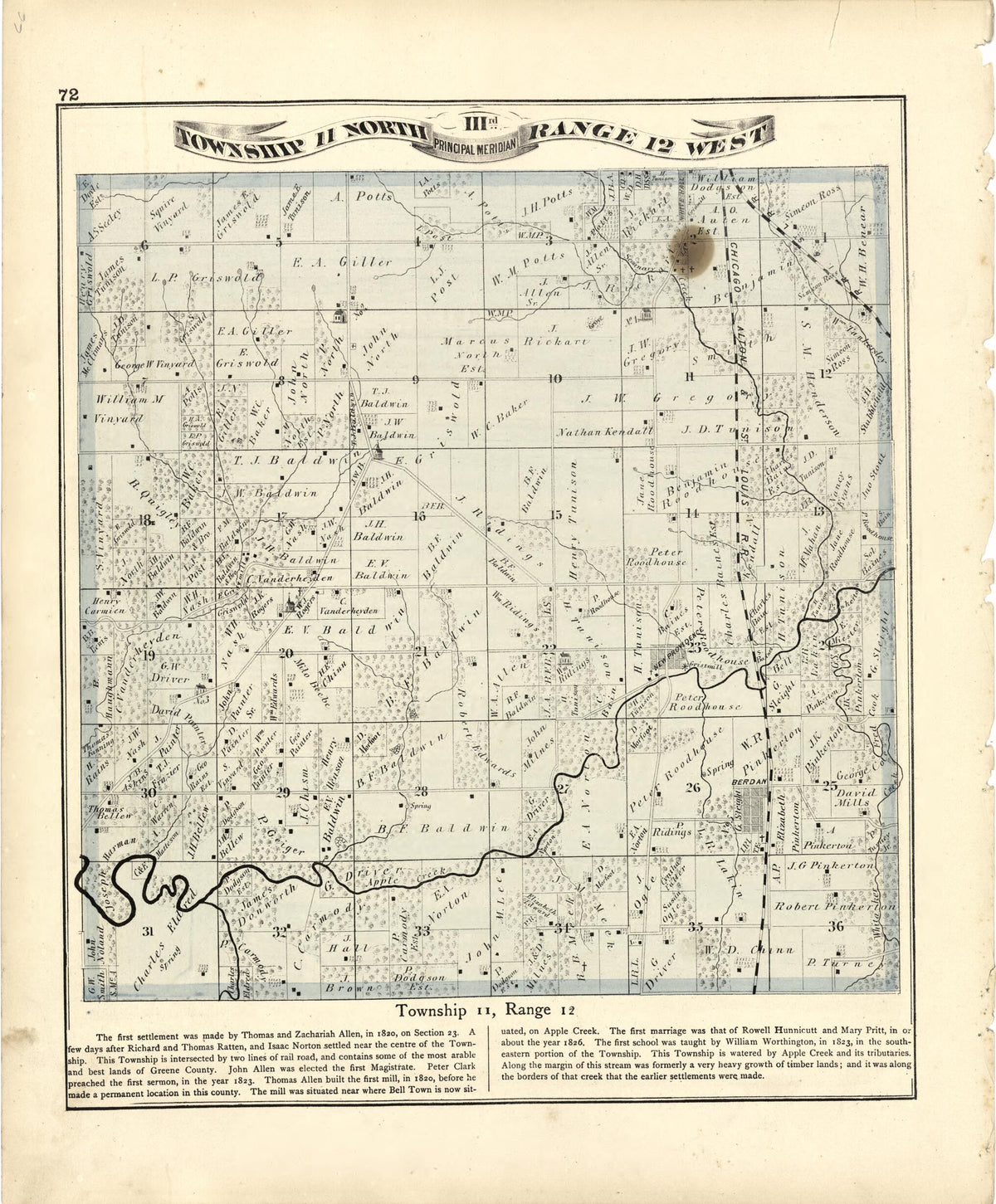 Township 11 North Range 12 W from Atlas Map of Greene County, Illinois 1873 by Relic Map Company