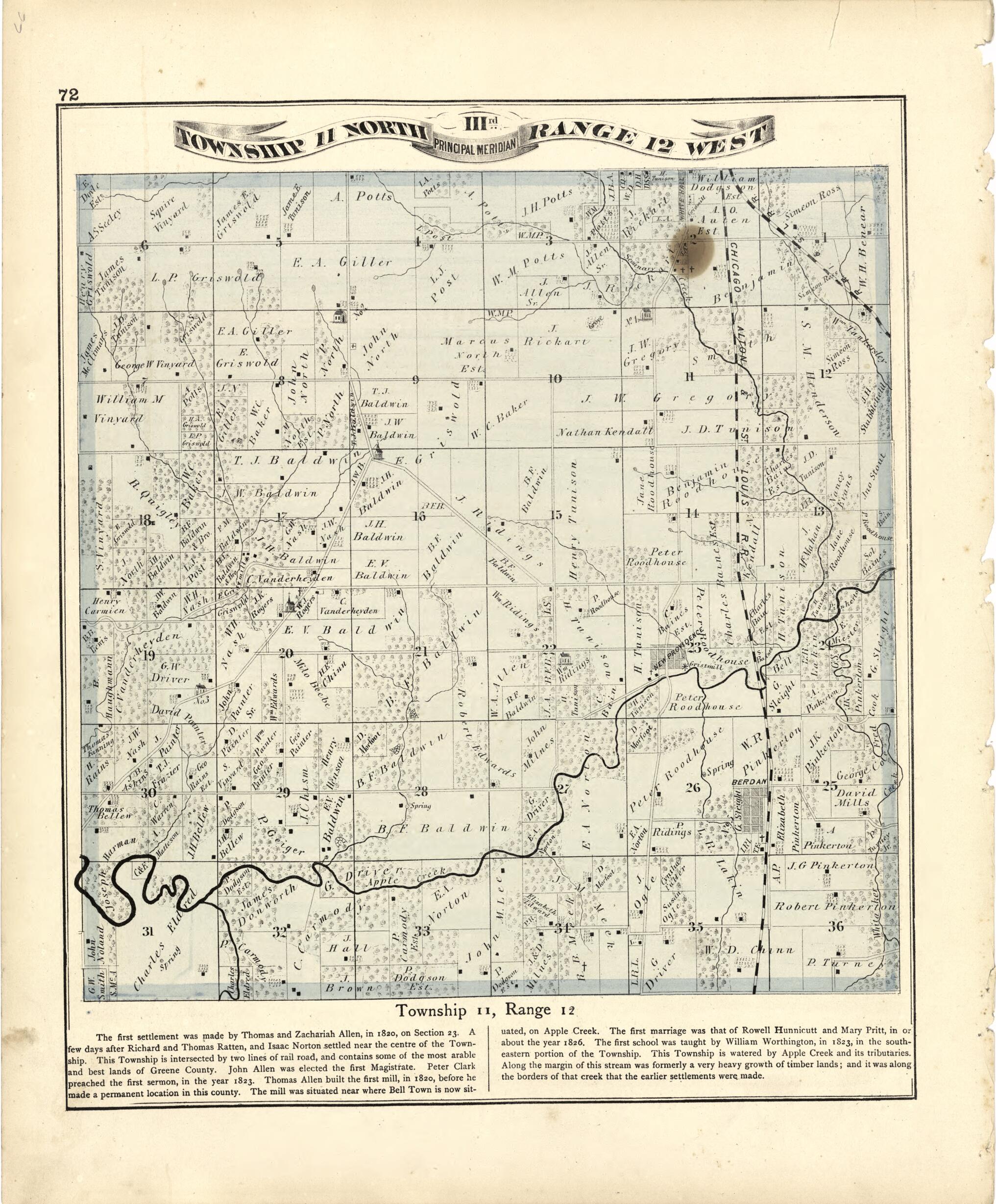This old map of Township 11 North Range 12 W from Atlas Map of Greene County, Illinois from 1873 was created by Lyter &amp; Co Andreas in 1873