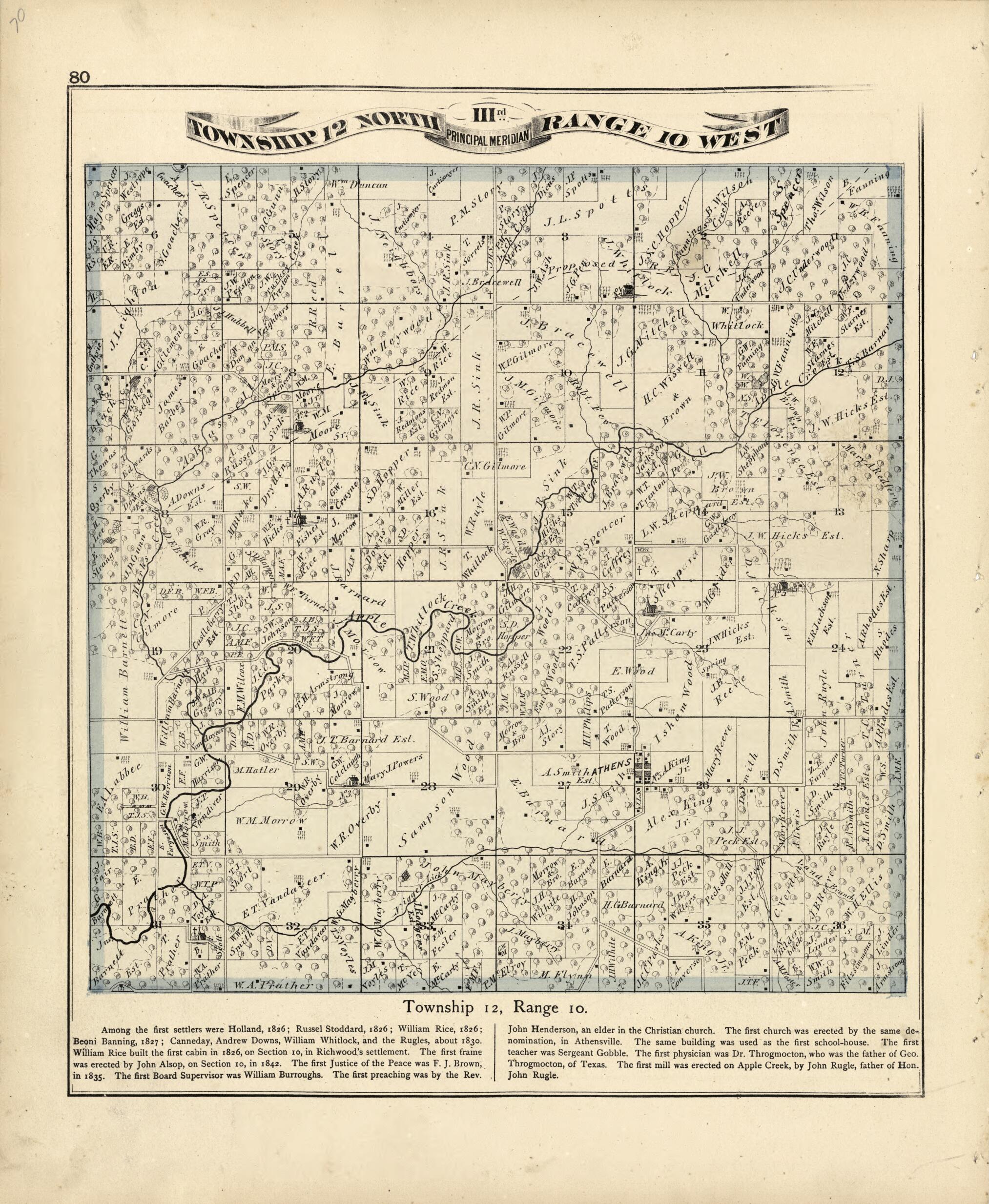 This old map of Township 12 North Range 10 W from Atlas Map of Greene County, Illinois from 1873 was created by Lyter &amp; Co Andreas in 1873