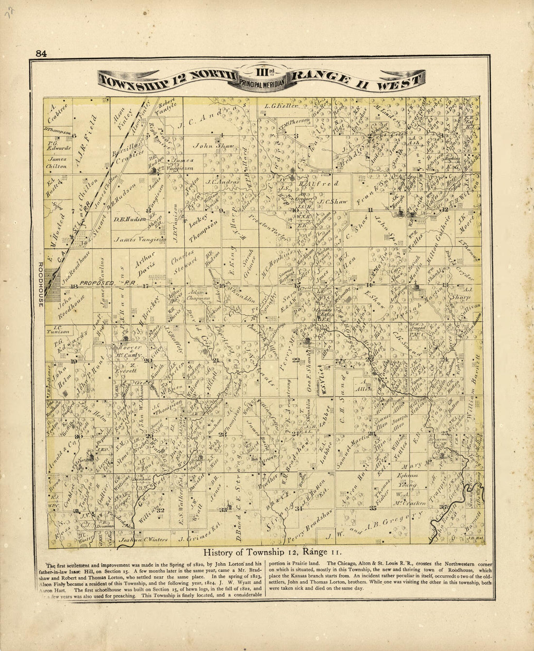 This old map of Township 12 North Range 11 W from Atlas Map of Greene County, Illinois from 1873 was created by Lyter &amp; Co Andreas in 1873