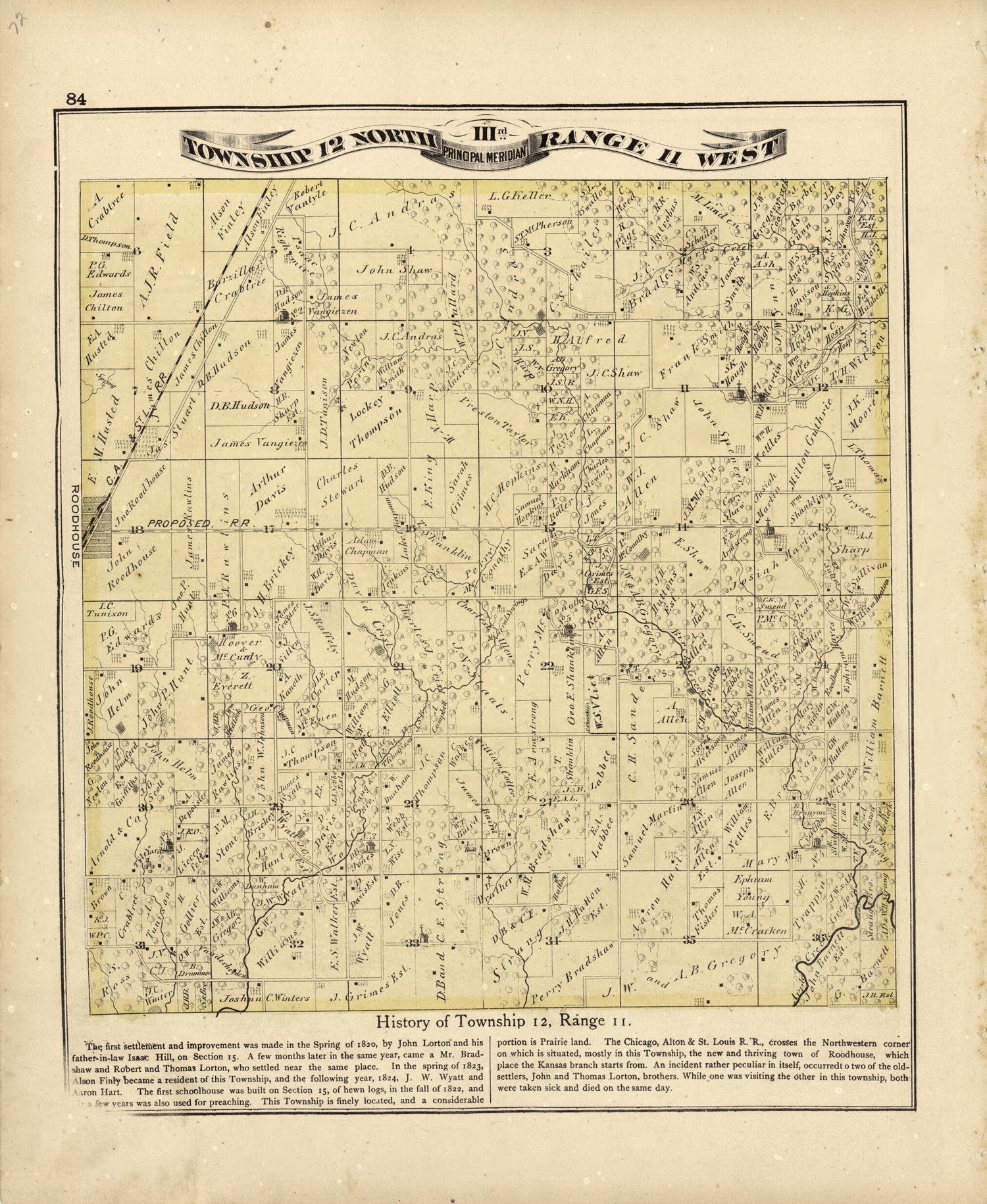 This old map of Township 12 North Range 11 W from Atlas Map of Greene County, Illinois from 1873 was created by Lyter &amp; Co Andreas in 1873