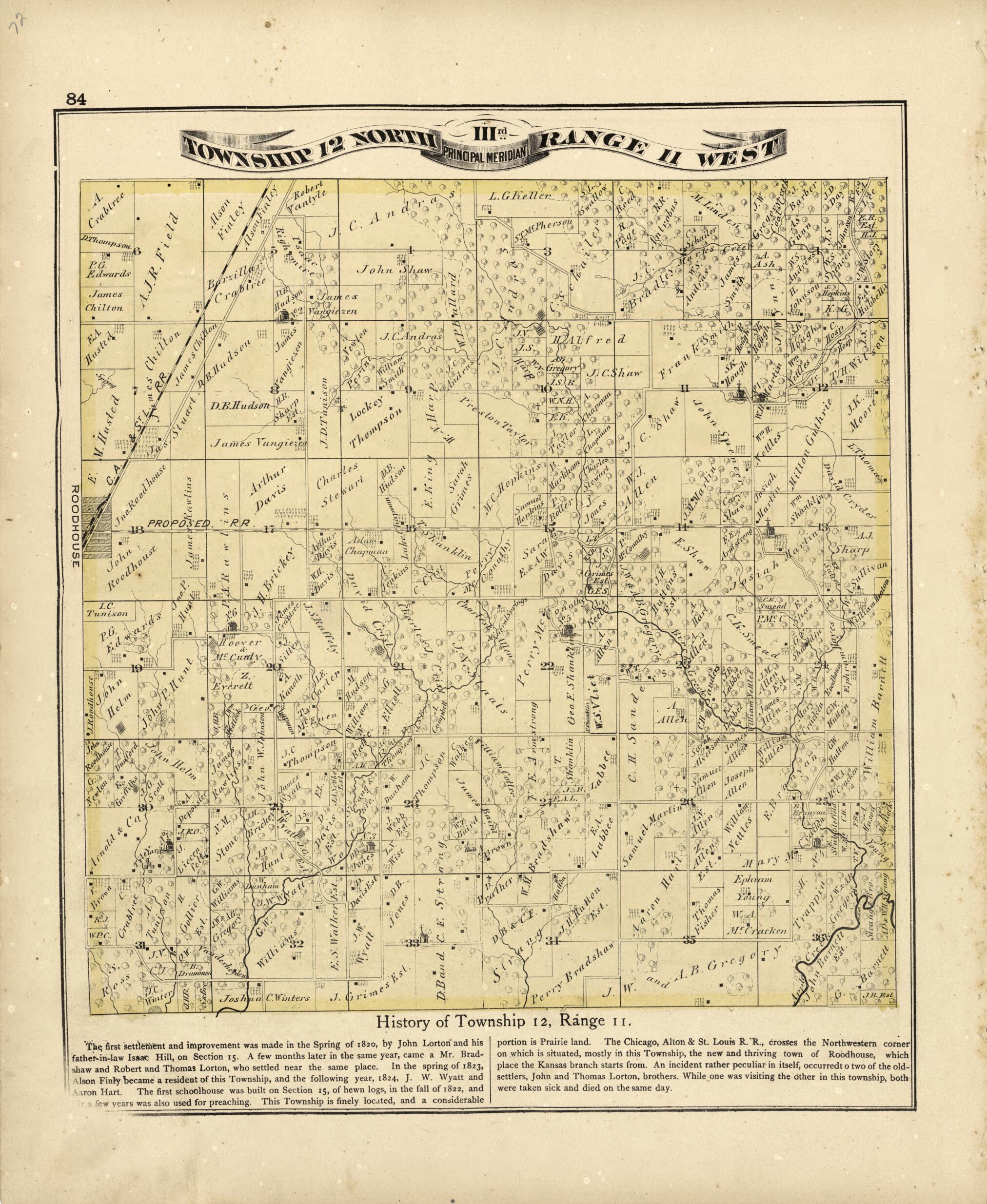 This old map of Township 12 North Range 11 W from Atlas Map of Greene County, Illinois from 1873 was created by Lyter &amp; Co Andreas in 1873