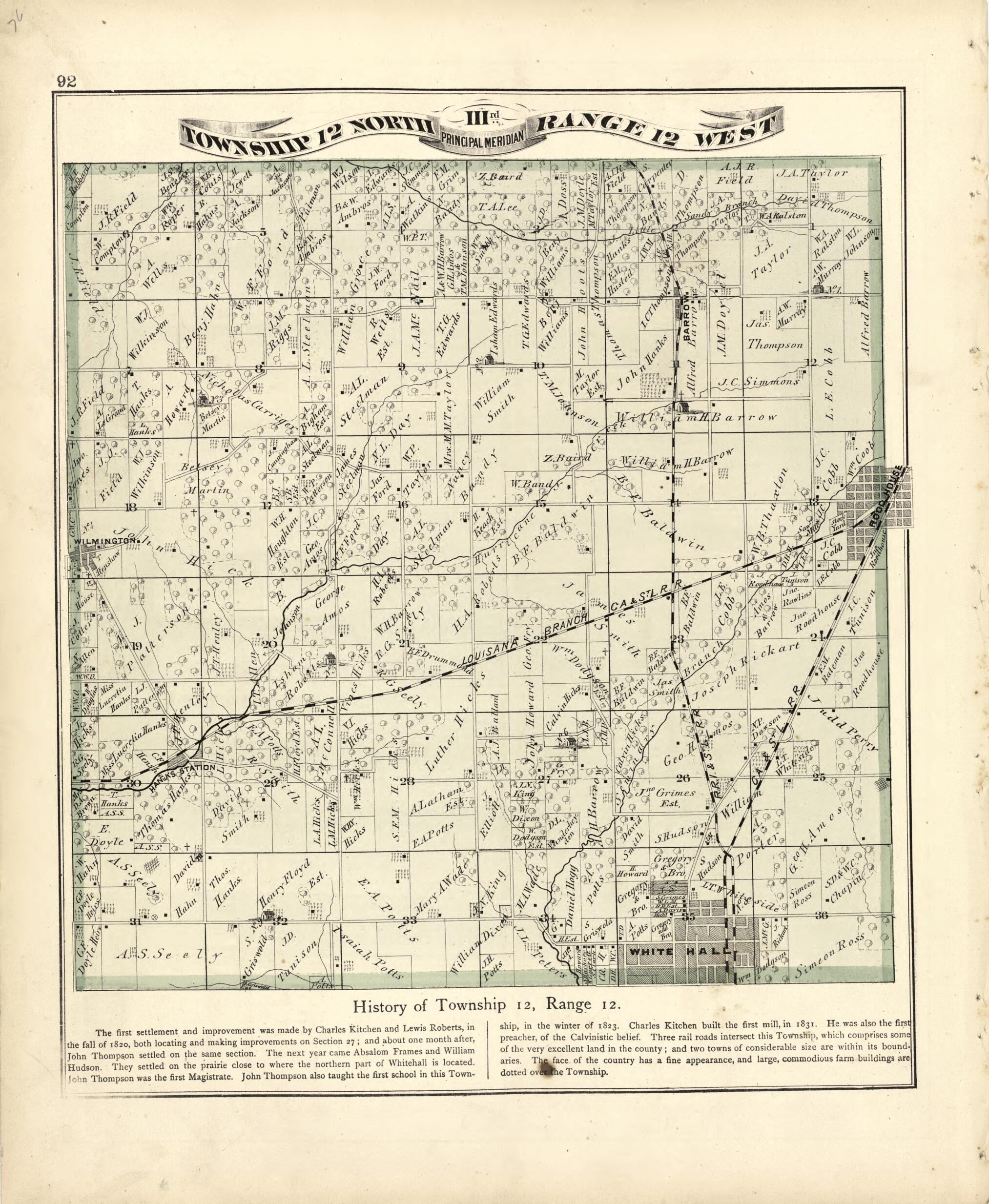 This old map of Township 12 North Range 12 W from Atlas Map of Greene County, Illinois from 1873 was created by Lyter &amp; Co Andreas in 1873