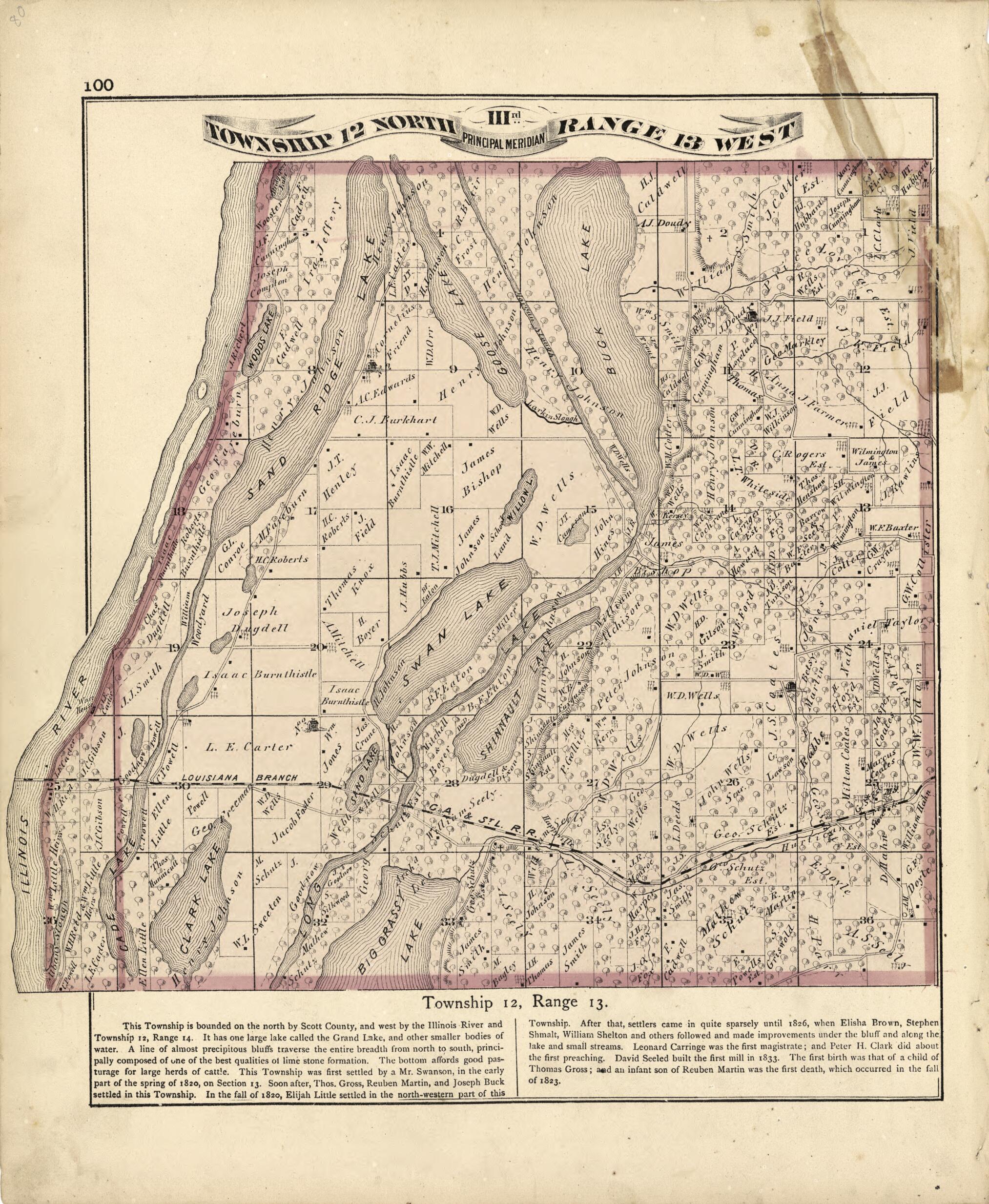 This old map of Township 12 North Range 13 W from Atlas Map of Greene County, Illinois from 1873 was created by Lyter &amp; Co Andreas in 1873