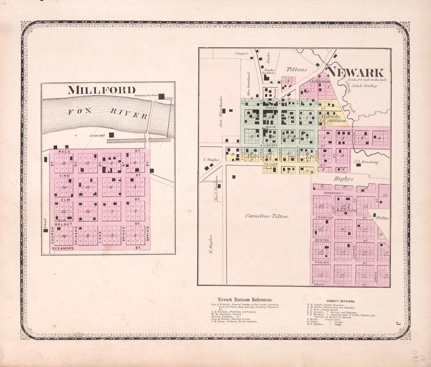 This old map of Millford; Newark from State of Illinois Combined Town, County, State, National and General Atlas from 1870 was created by  Worley &amp; Bracher in 1870