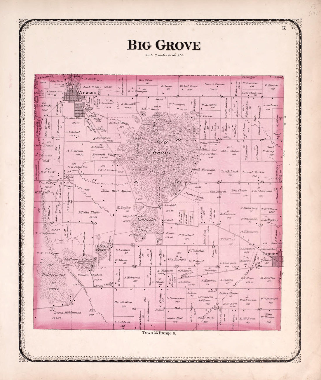 This old map of Big Grove from State of Illinois Combined Town, County, State, National and General Atlas from 1870 was created by  Worley &amp; Bracher in 1870