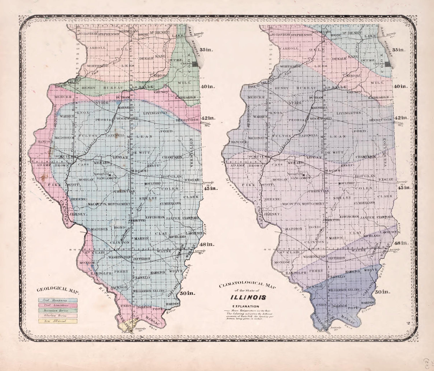This old map of Climatological Map of Illinois from State of Illinois Combined Town, County, State, National and General Atlas from 1870 was created by  Worley &amp; Bracher in 1870