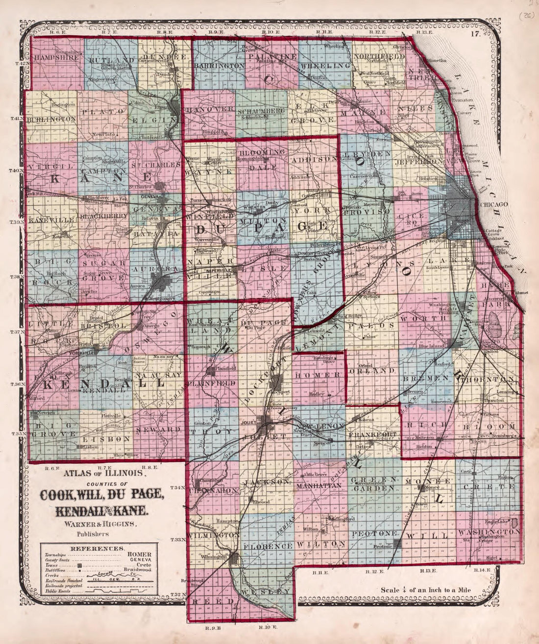 This old map of Counties of Cook, Will, Du Page, Kendall and Kane from State of Illinois Combined Town, County, State, National and General Atlas from 1870 was created by  Worley &amp; Bracher in 1870