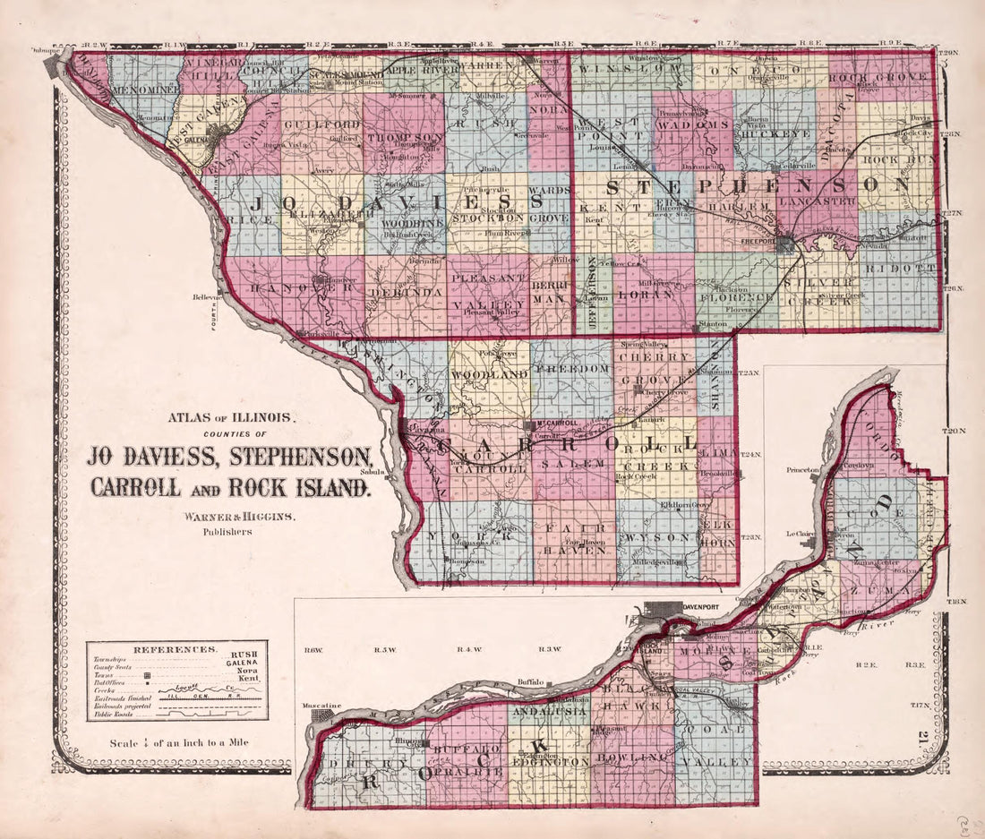 This old map of Counties of Jo Daviess, Stephenson, Carroll and Rock Island from State of Illinois Combined Town, County, State, National and General Atlas from 1870 was created by  Worley &amp; Bracher in 1870