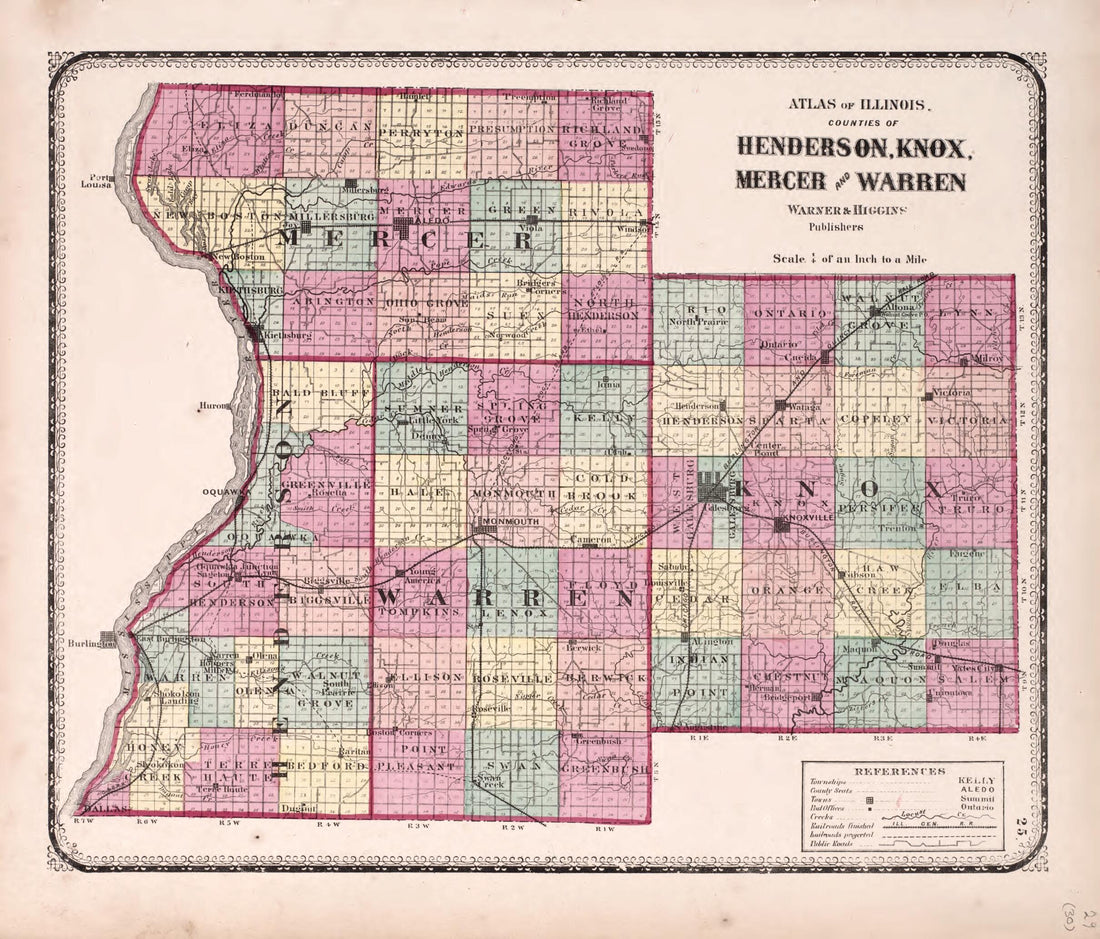This old map of Counties of Henderson, Knox, Mercer and Warren from State of Illinois Combined Town, County, State, National and General Atlas from 1870 was created by  Worley &amp; Bracher in 1870