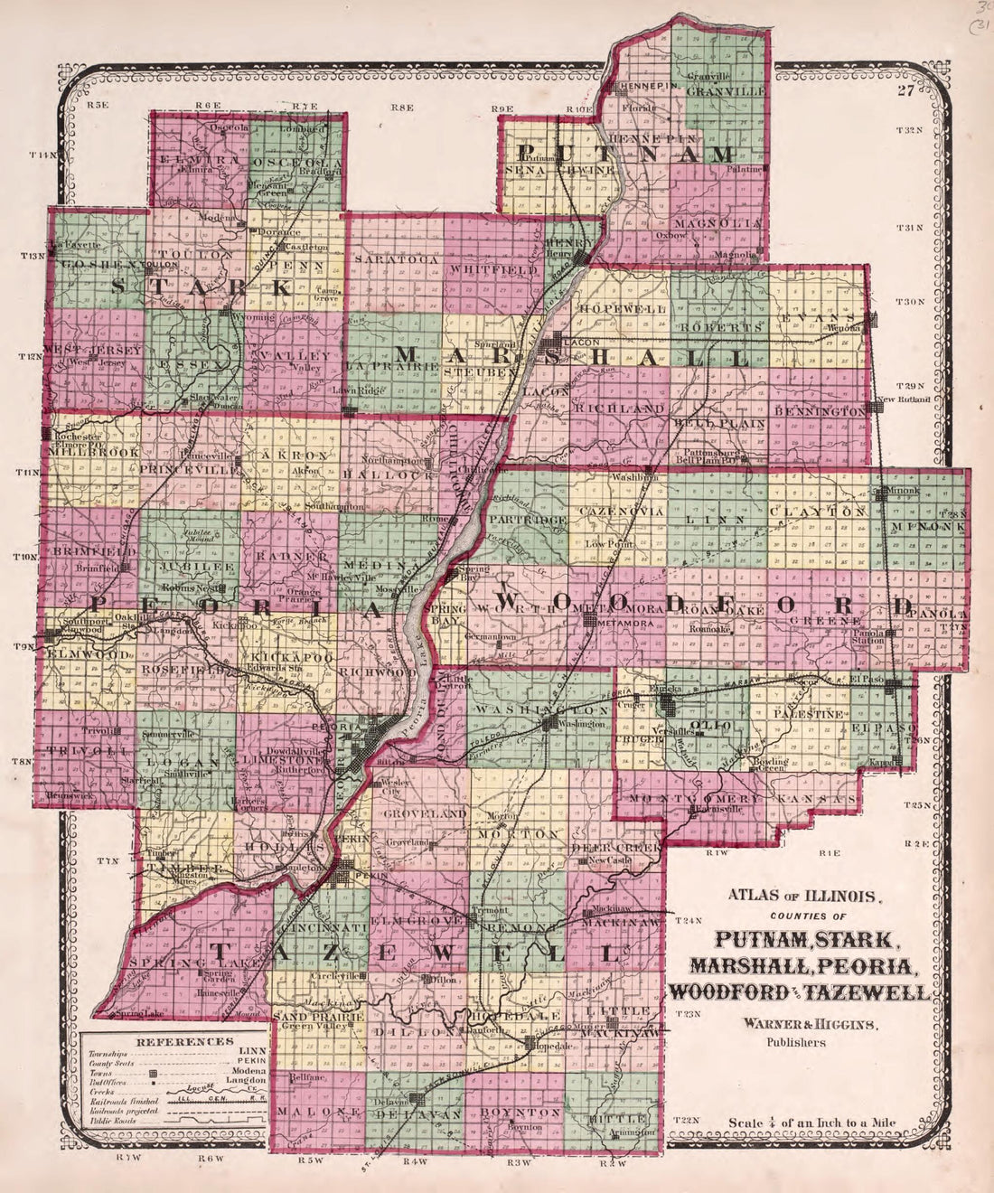 This old map of Counties of Putnam, Stark, Marshall, Peoria, Woodford and Tazewell from State of Illinois Combined Town, County, State, National and General Atlas from 1870 was created by  Worley &amp; Bracher in 1870