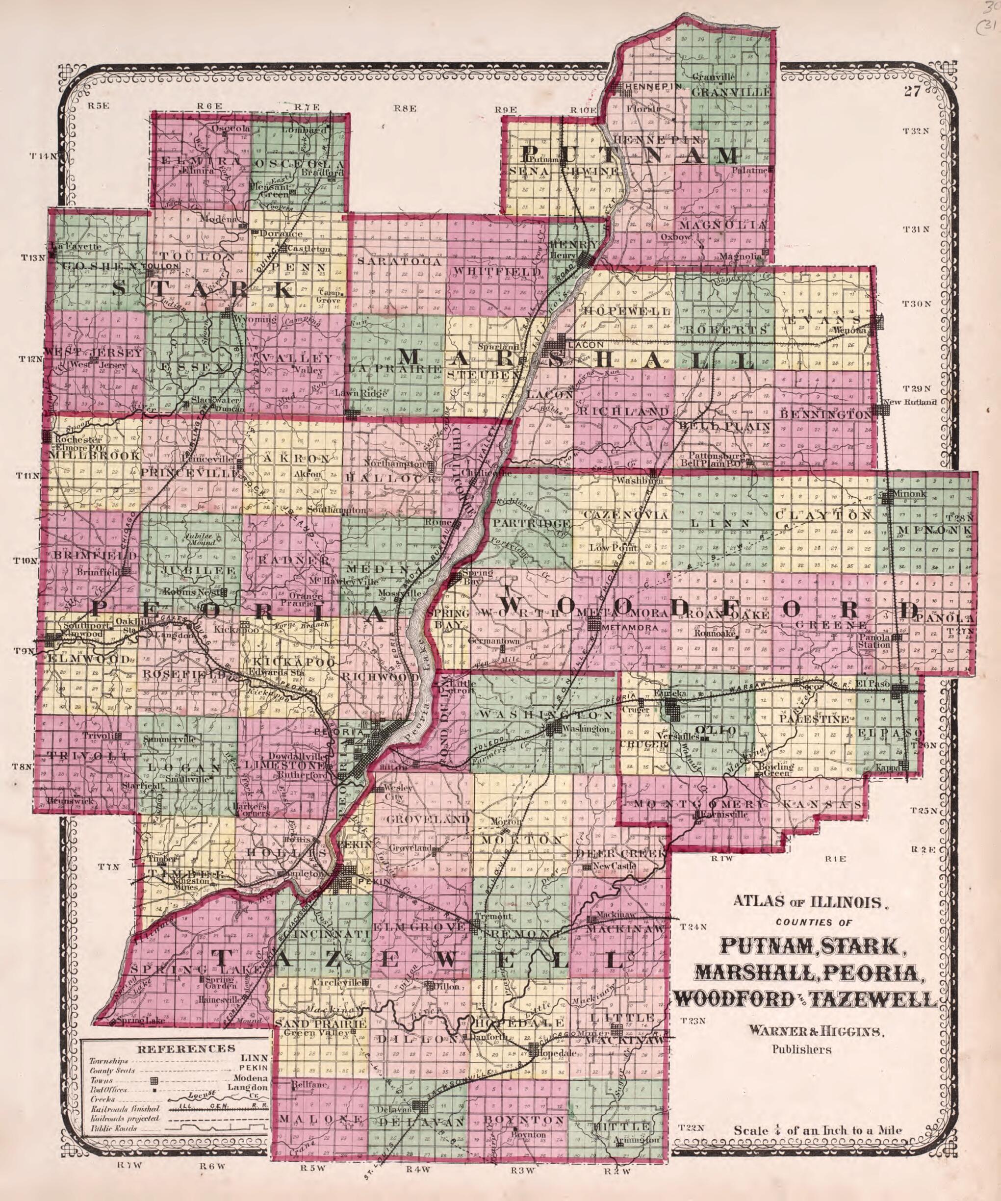 This old map of Counties of Putnam, Stark, Marshall, Peoria, Woodford and Tazewell from State of Illinois Combined Town, County, State, National and General Atlas from 1870 was created by  Worley &amp; Bracher in 1870