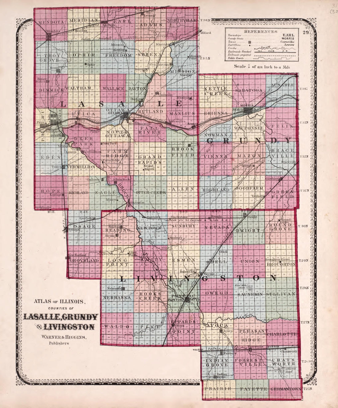 This old map of Counties of Lasalle, Grundy and Livingston from State of Illinois Combined Town, County, State, National and General Atlas from 1870 was created by  Worley &amp; Bracher in 1870
