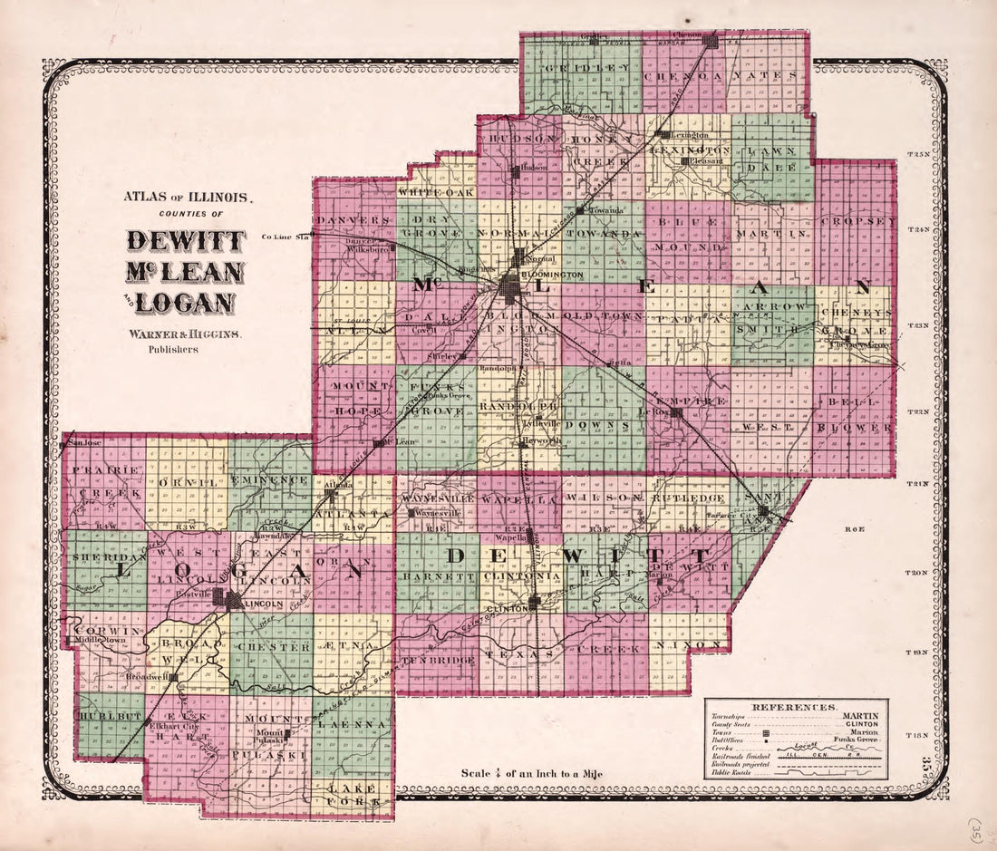 This old map of DeWitt, McLean and Logan from State of Illinois Combined Town, County, State, National and General Atlas from 1870 was created by  Worley &amp; Bracher in 1870
