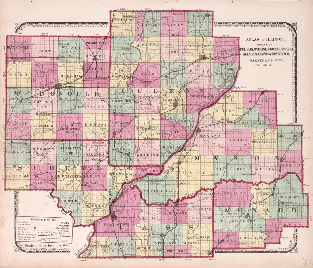 This old map of Fulton, McDonough,Schuyler, Mason, Cass &amp; Menard from State of Illinois Combined Town, County, State, National and General Atlas from 1870 was created by  Worley &amp; Bracher in 1870