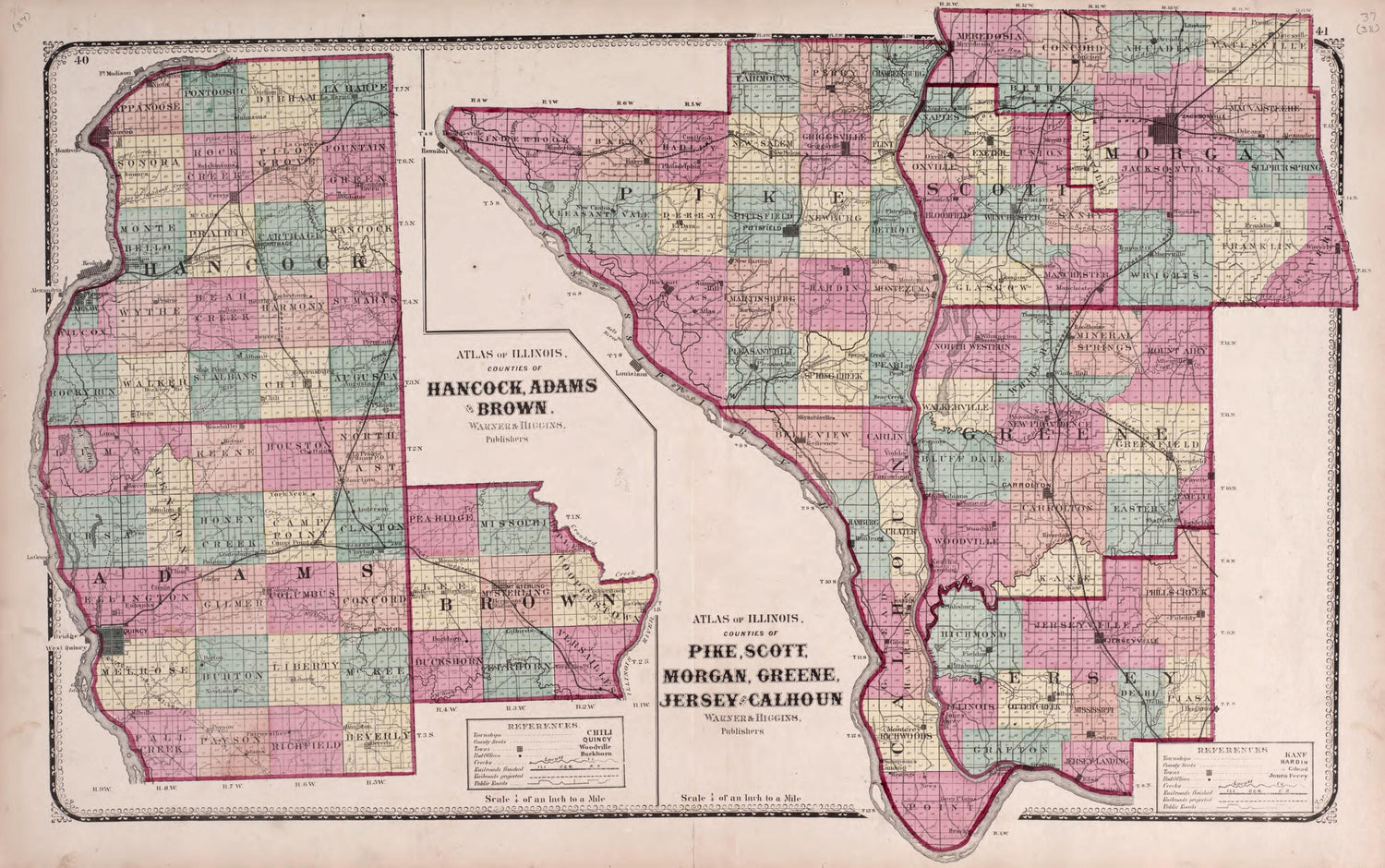 This old map of Hancock, Brown and Adams; Pike, Scott, Morgan, Greene,  Jersey and Calhoun from State of Illinois Combined Town, County, State, National and General Atlas from 1870 was created by  Worley &amp; Bracher in 1870