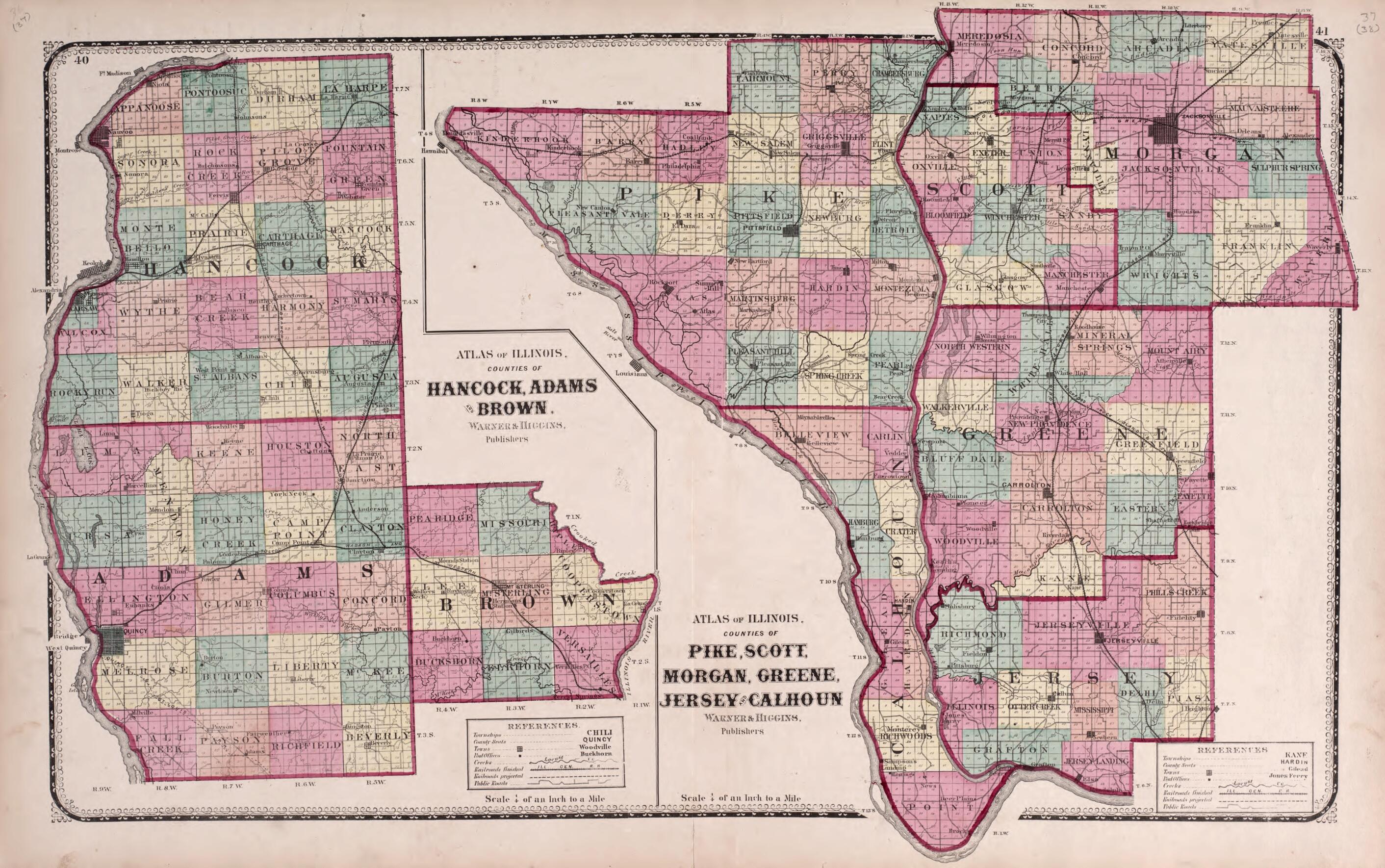 This old map of Hancock, Brown and Adams; Pike, Scott, Morgan, Greene,  Jersey and Calhoun from State of Illinois Combined Town, County, State, National and General Atlas from 1870 was created by  Worley &amp; Bracher in 1870
