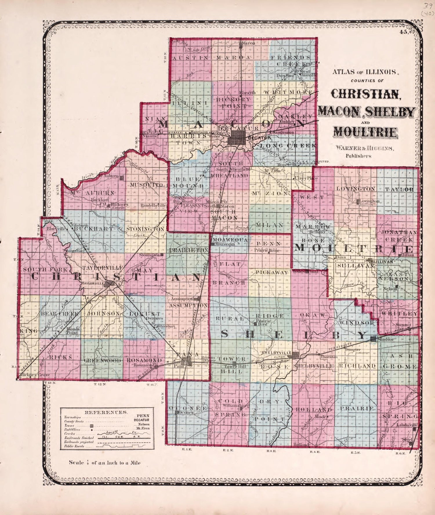 This old map of Christian, Macon, Shelby and Moultrie from State of Illinois Combined Town, County, State, National and General Atlas from 1870 was created by  Worley &amp; Bracher in 1870