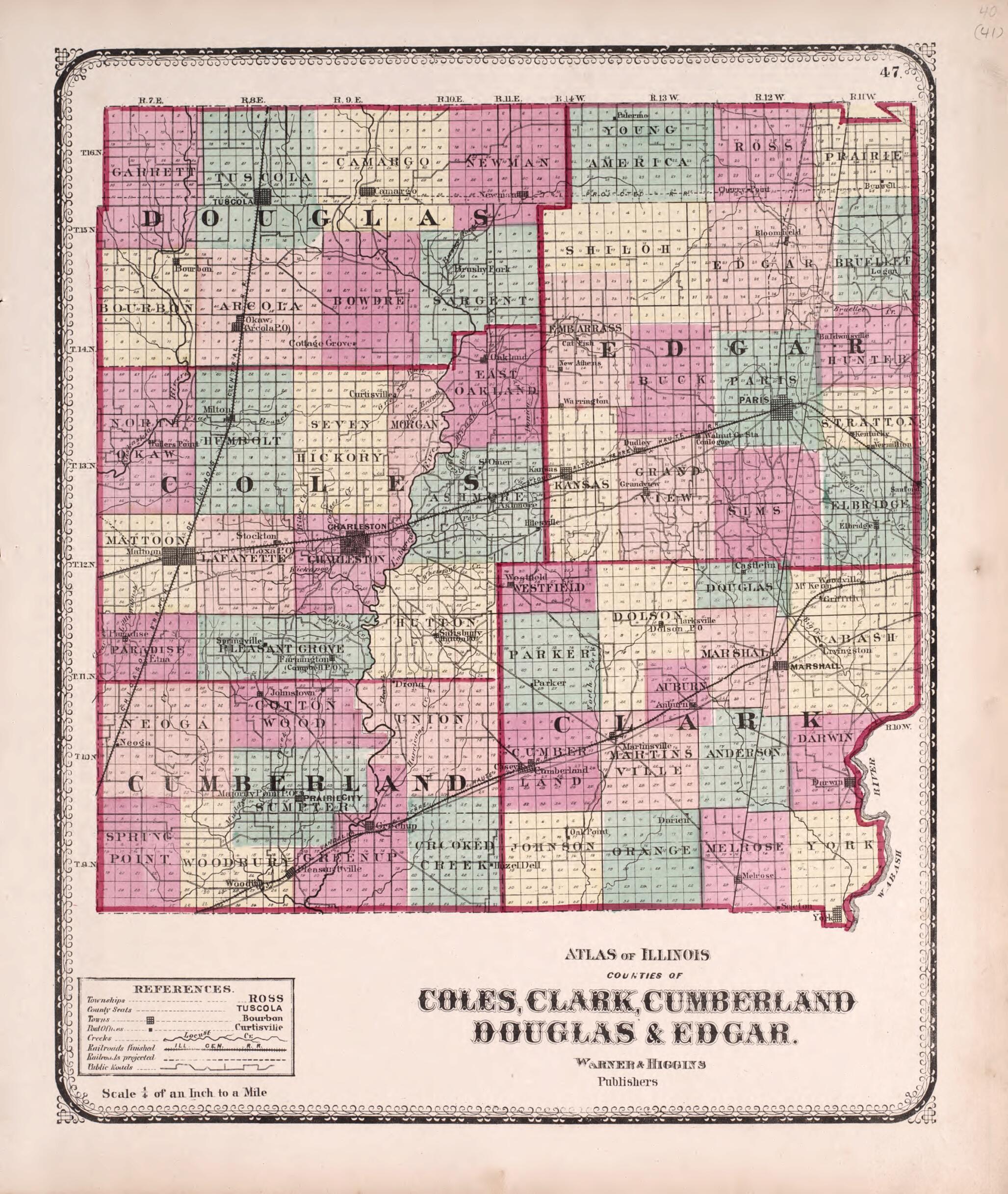 This old map of Coles, Clark, Cumberland, Doublas &amp; Edgar from State of Illinois Combined Town, County, State, National and General Atlas from 1870 was created by  Worley &amp; Bracher in 1870