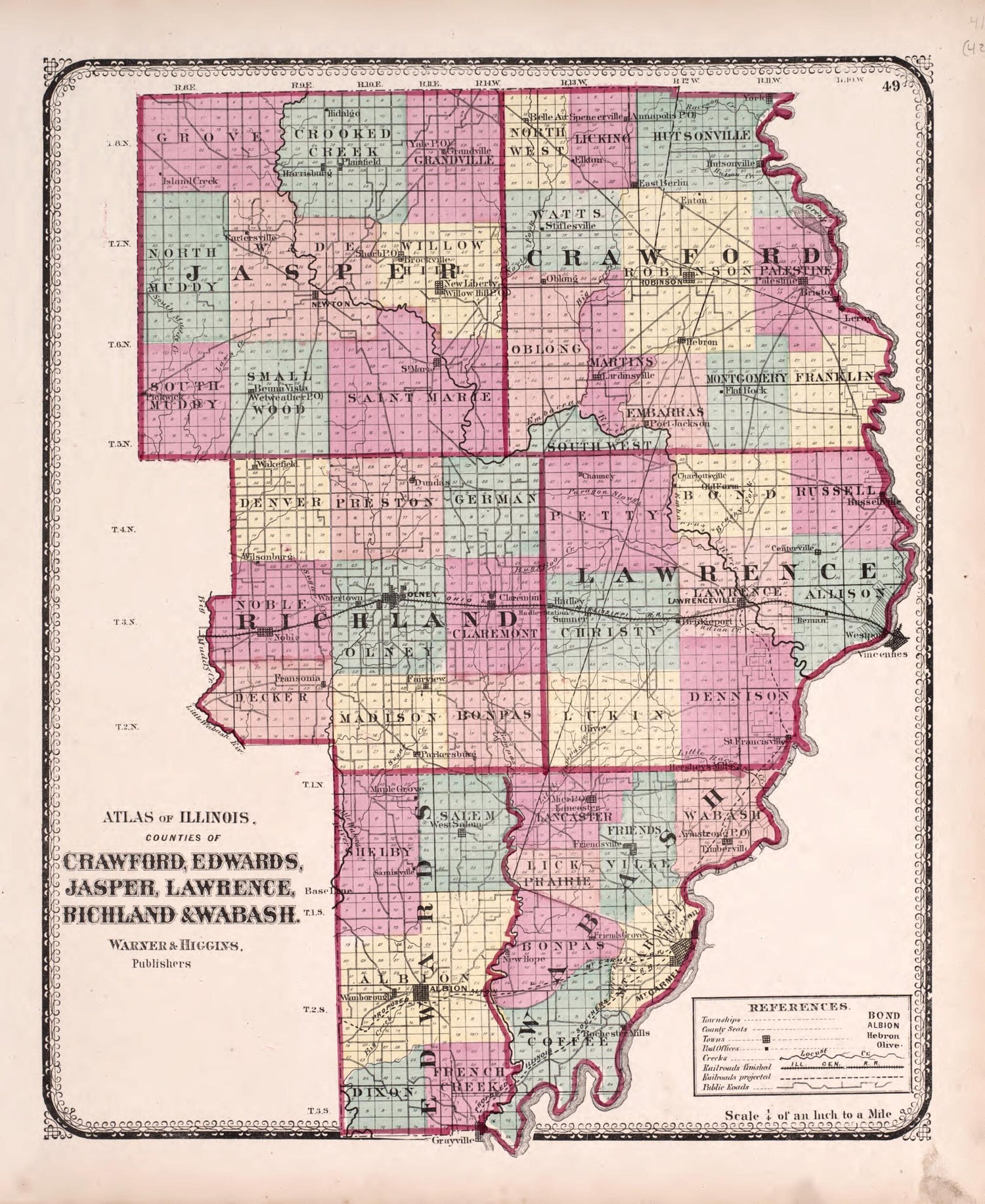 This old map of Crawford, Edwards, Jasper, Lawrence, Richland &amp; Wabash from State of Illinois Combined Town, County, State, National and General Atlas from 1870 was created by  Worley &amp; Bracher in 1870
