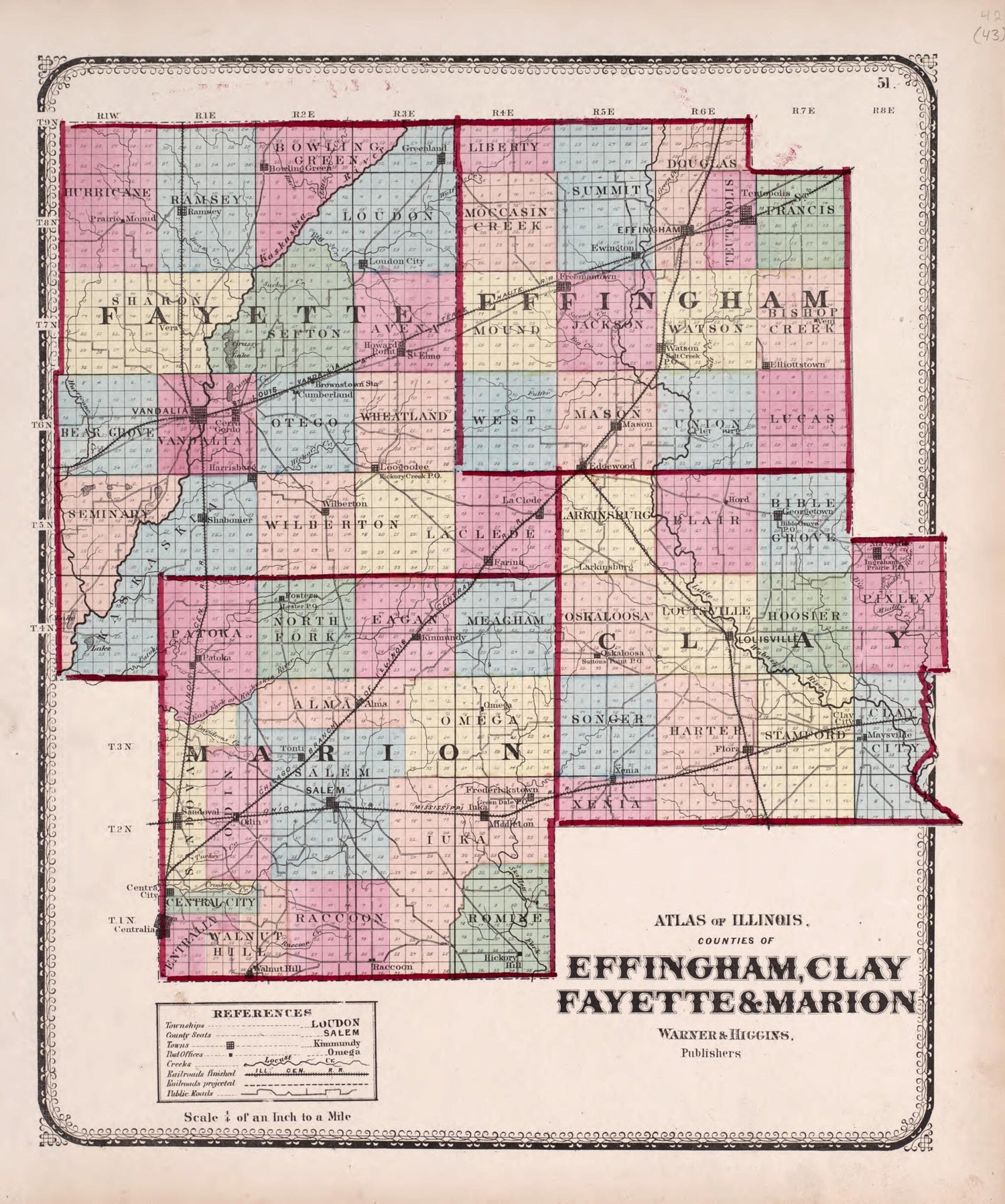 This old map of Effingham, Clay, Fayette &amp; Marion from State of Illinois Combined Town, County, State, National and General Atlas from 1870 was created by  Worley &amp; Bracher in 1870