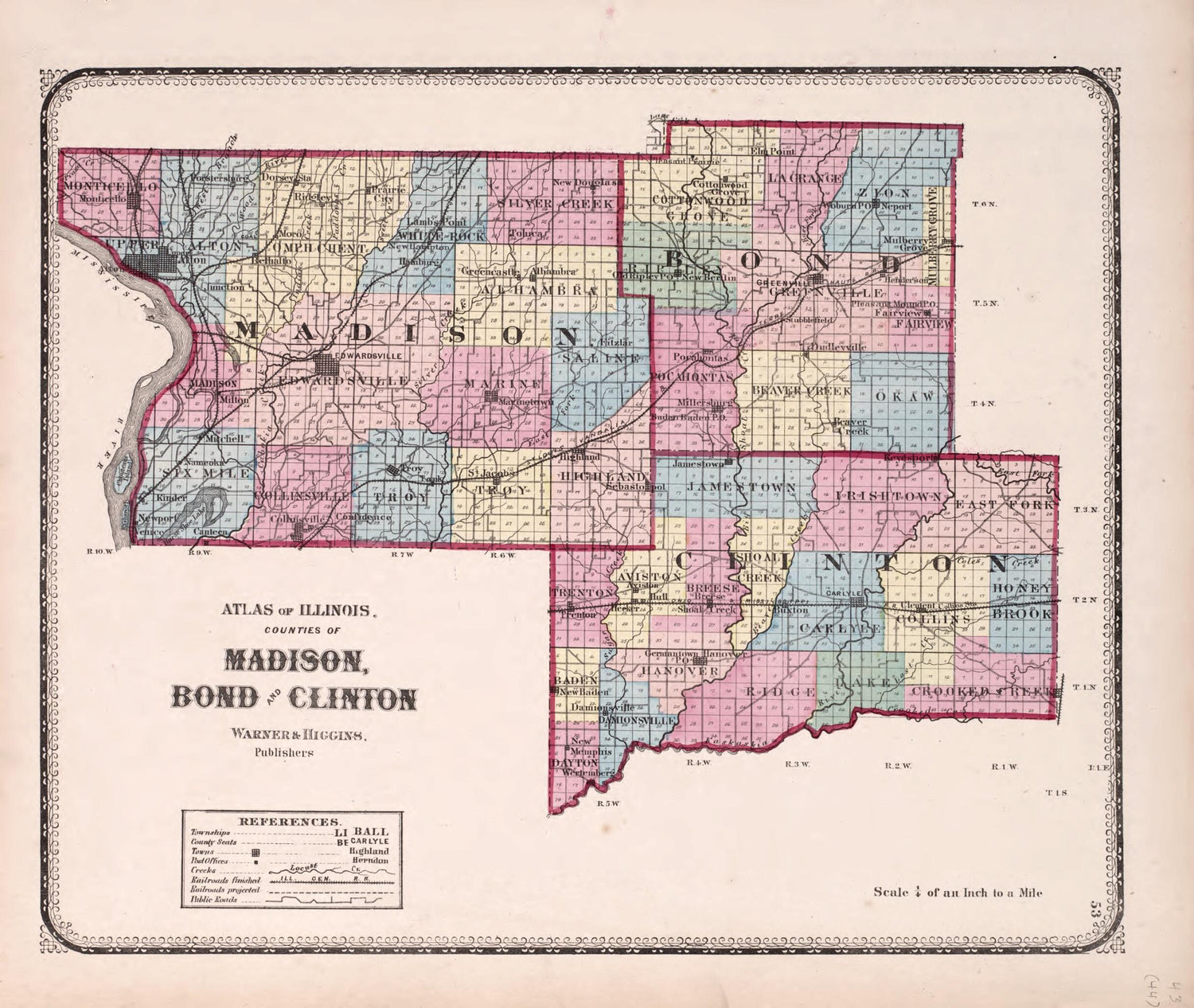 This old map of Madison, Bond and Clinton from State of Illinois Combined Town, County, State, National and General Atlas from 1870 was created by  Worley &amp; Bracher in 1870