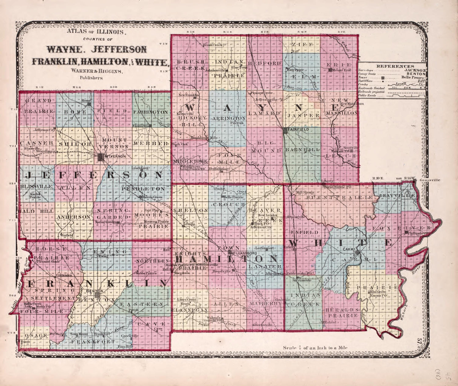 This old map of Wayne, Jefferson, Franklin, Hamilton and White from State of Illinois Combined Town, County, State, National and General Atlas from 1870 was created by  Worley &amp; Bracher in 1870