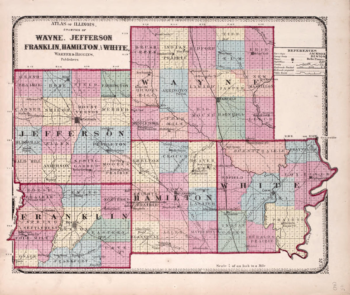 Wayne, Jefferson, Franklin, Hamilton and White from State of Illinois Combined Town, County, State, National and General Atlas 1870 by Relic Map Company