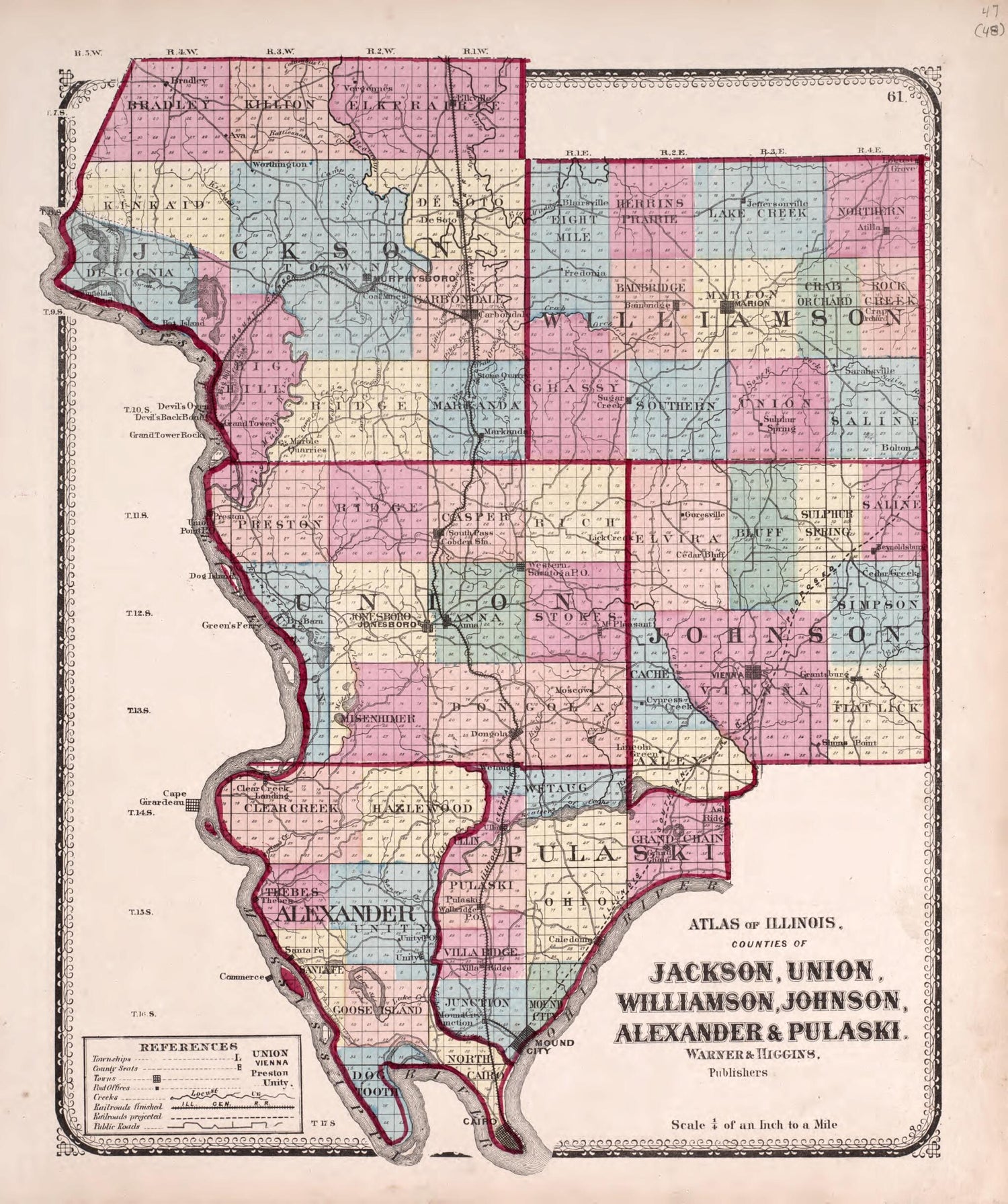 This old map of Jackson, Union, Williamson, Johnson, Alexander &amp; Pulaski from State of Illinois Combined Town, County, State, National and General Atlas from 1870 was created by  Worley &amp; Bracher in 1870